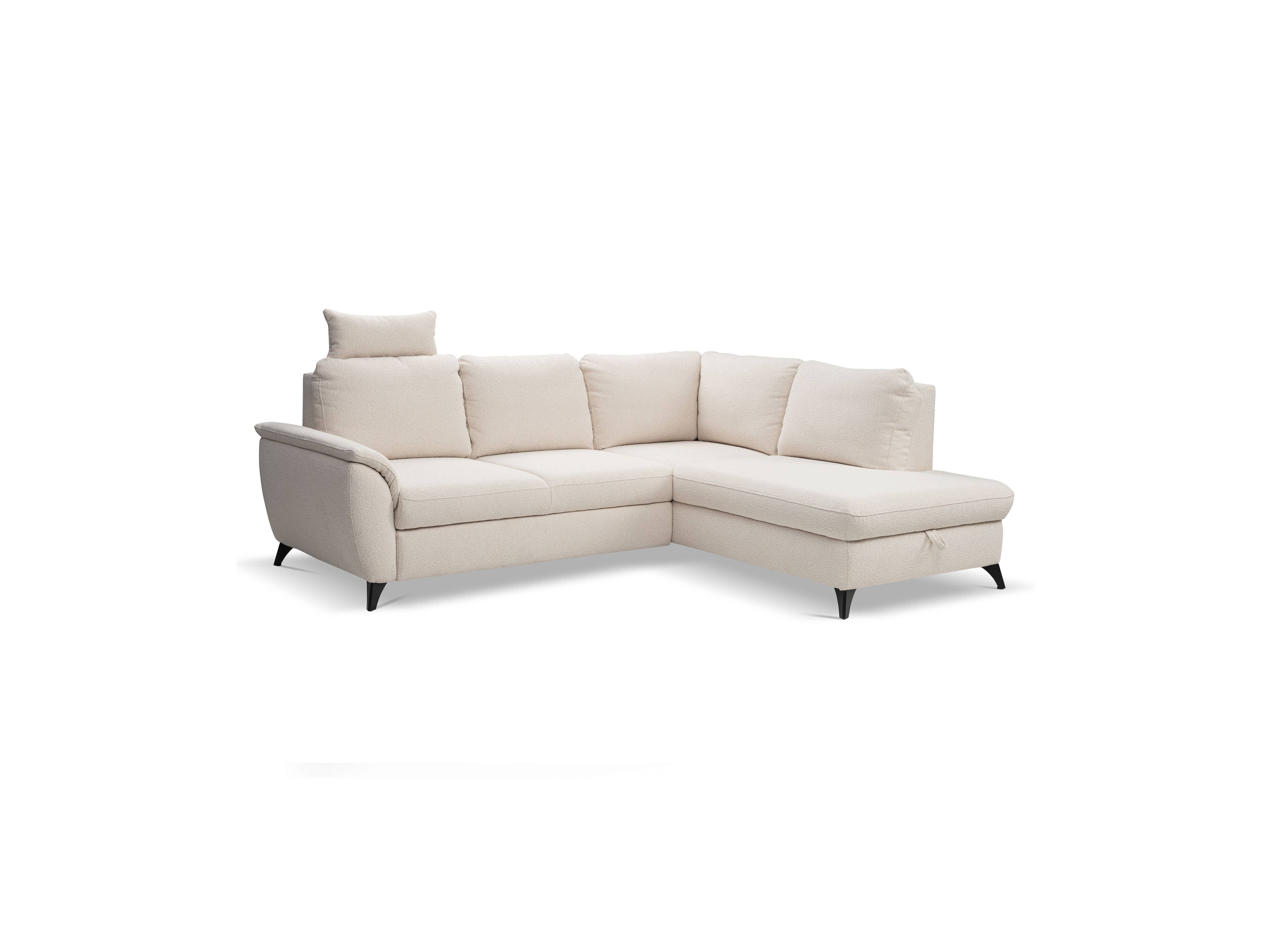 Ecksofa Vivian mit Stoffbezug in Beige, L-Form, gepolsterte Sitzfläche, schwarze Füße, Kopfstütze