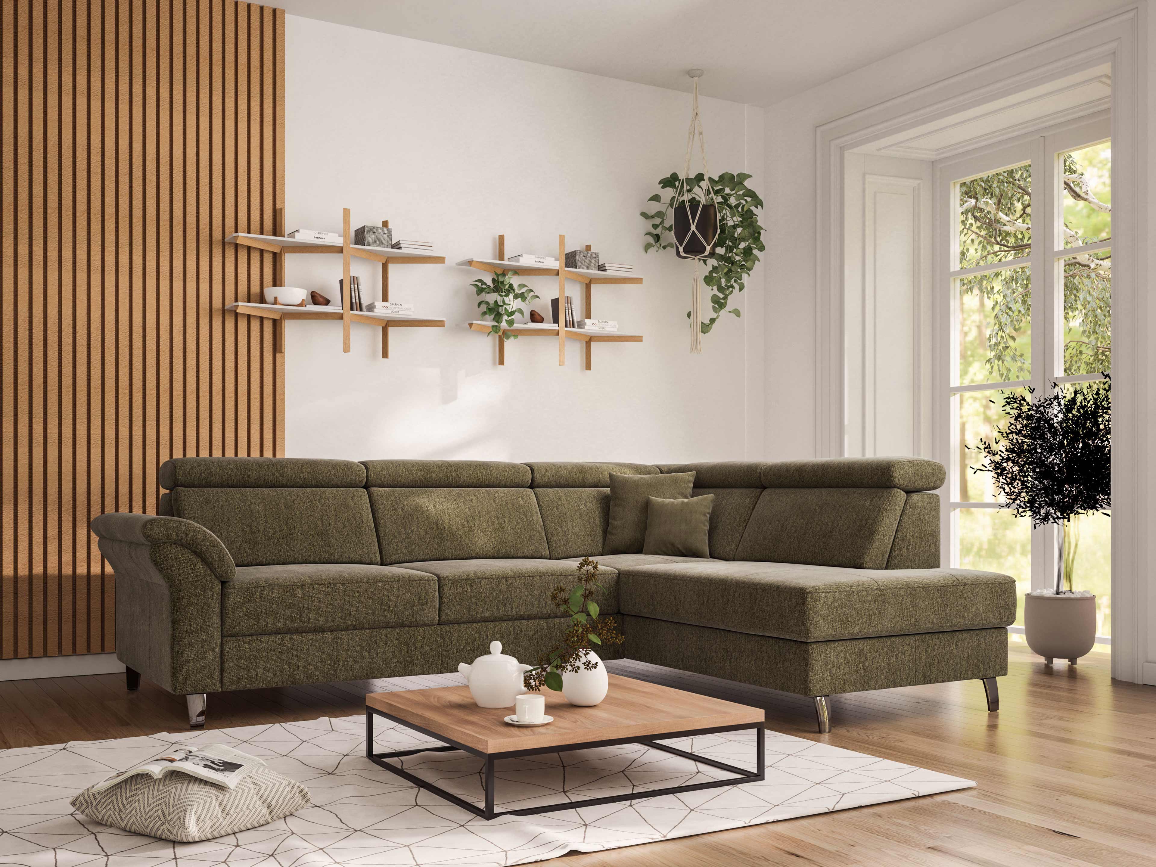 Ecksofa mit olivgrünem Stoffbezug, gepolsterten Armlehnen und verchromten Füßen in L-Form