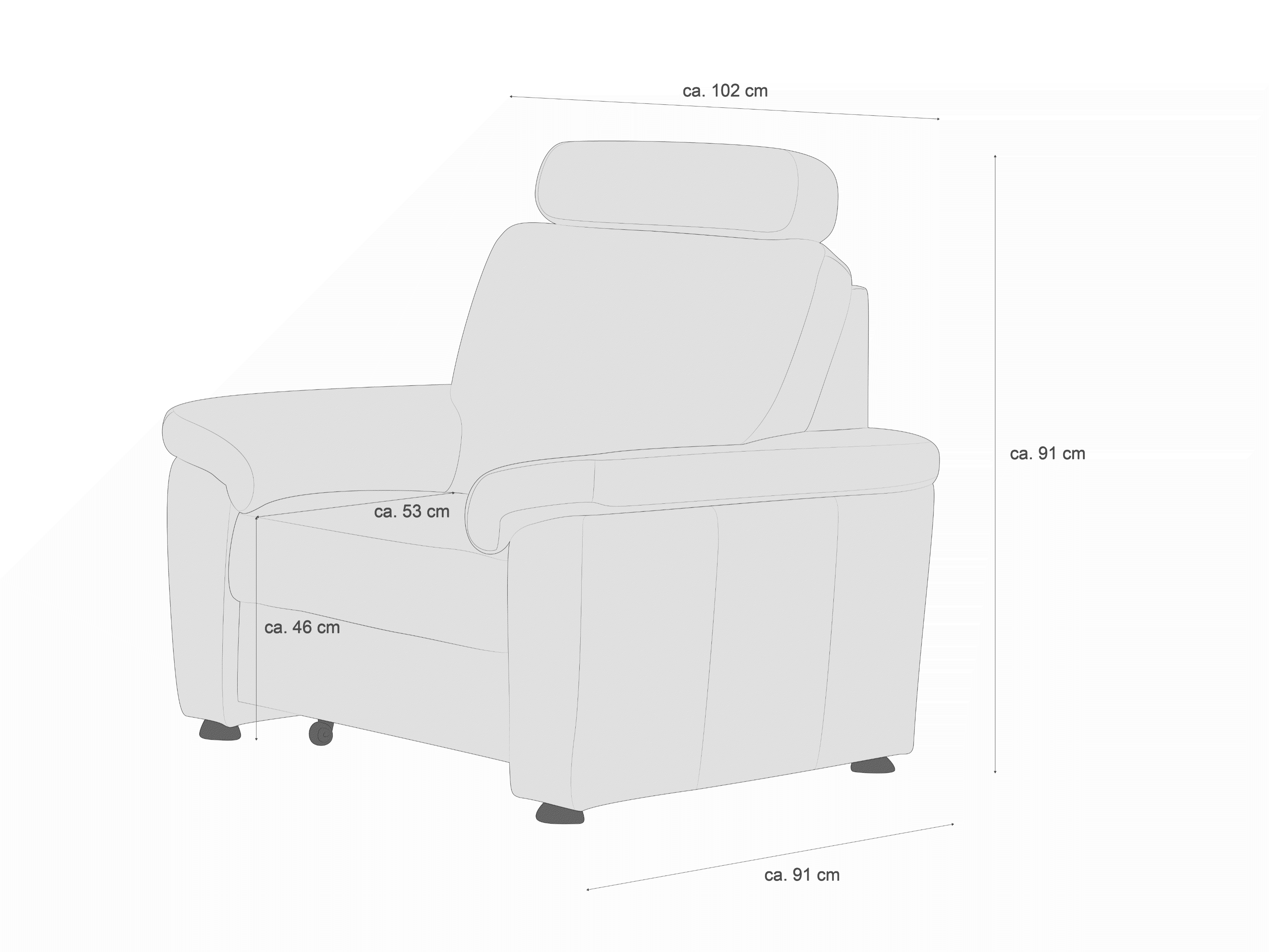 Polstersessel mit Kopfstütze, breiten Armlehnen, gepolstertem Sitz und kurzen Füßen, helles Material