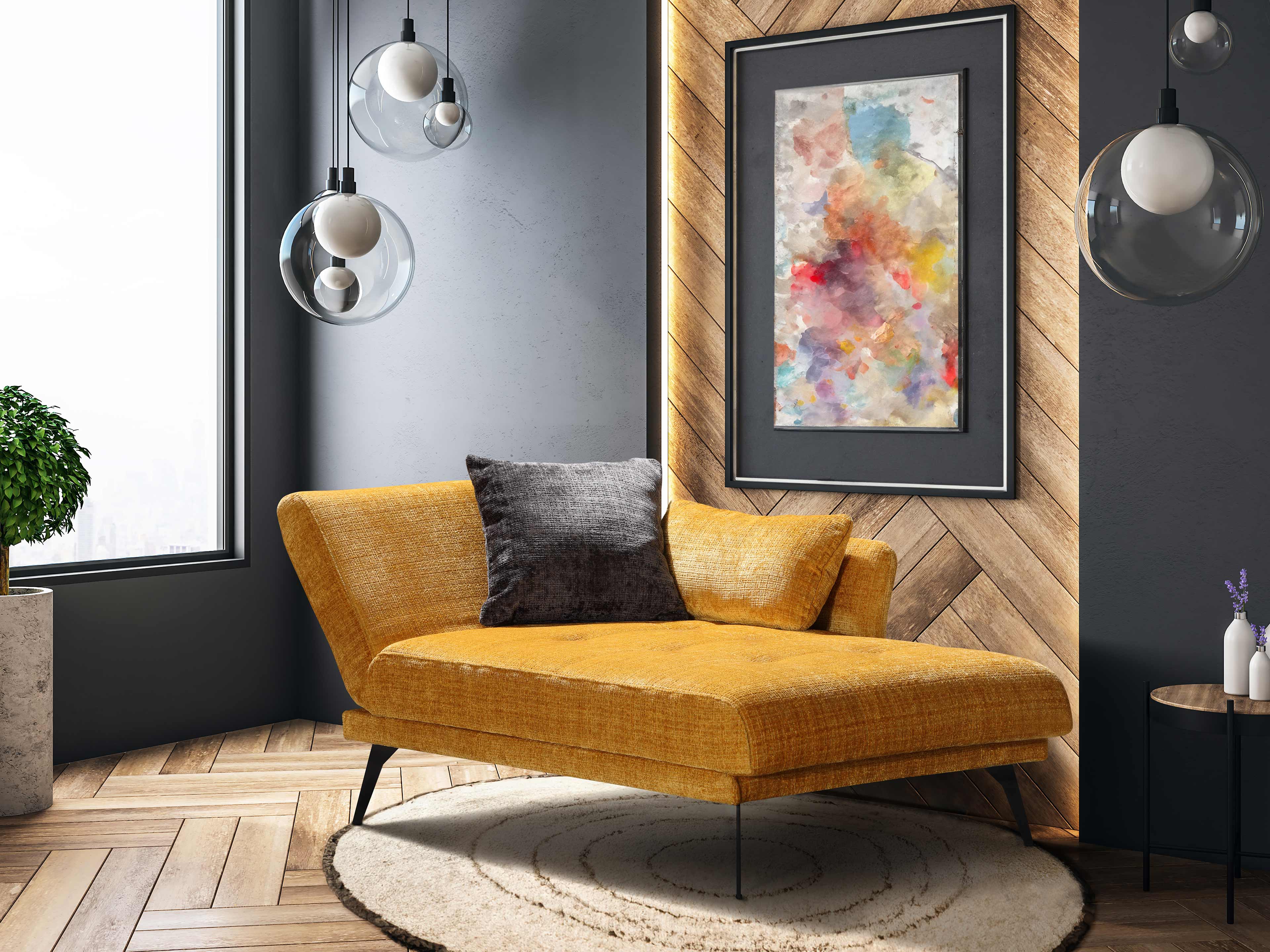 Polster-Chaiselongue Kabs mit Stoffbezug in Senfgelb, schrägem Rücken und schwarzen Metallfüßen