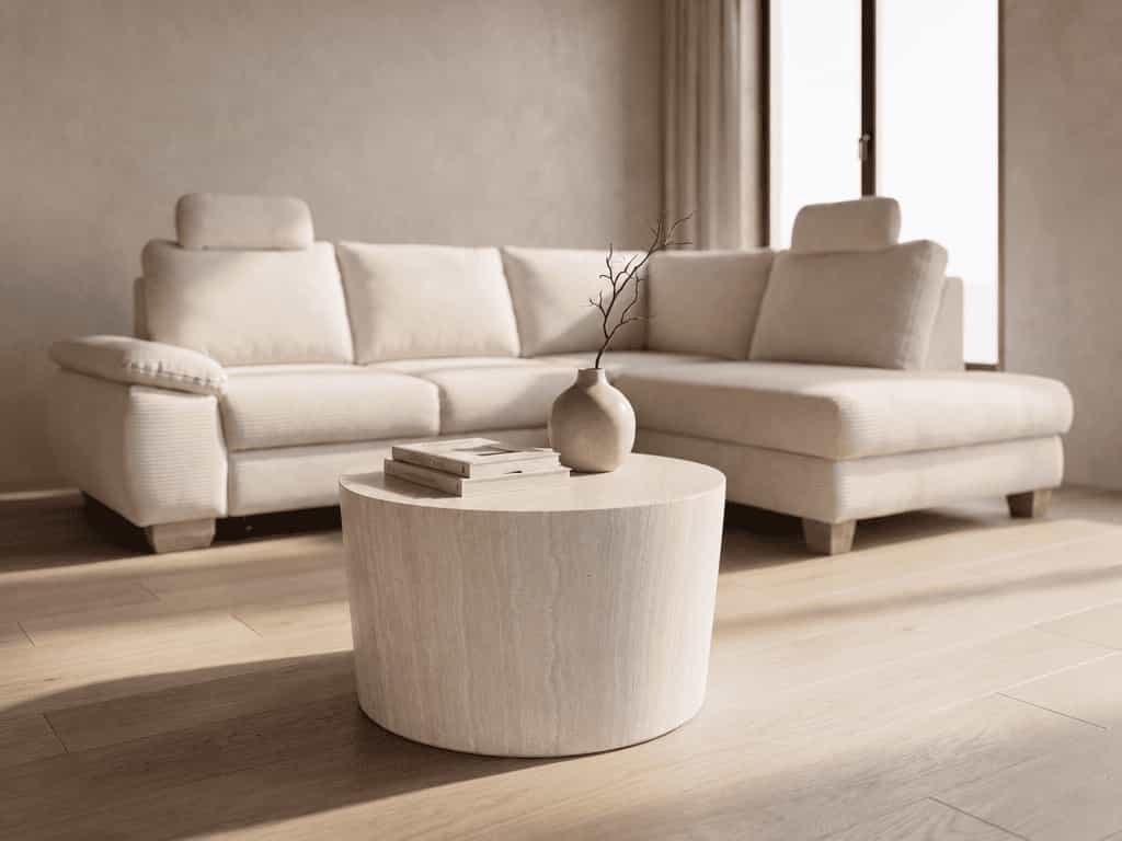 Ecksofa mit Stoffbezug in Beige, breite Armlehnen, Rückenlehnen und gepolsterter Sitzfläche