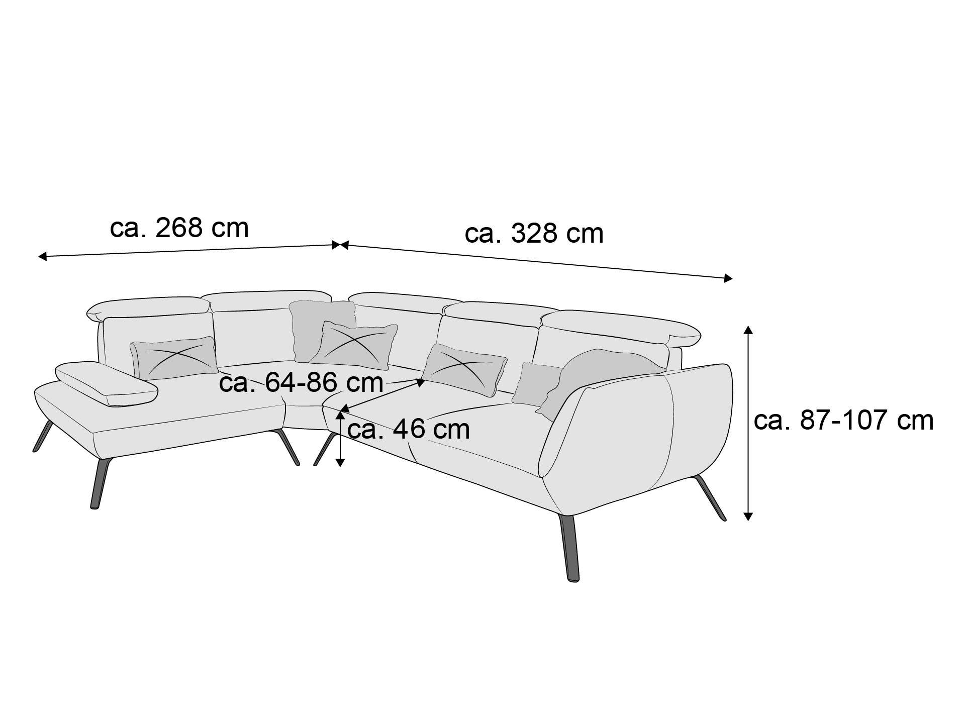 Ecksofa mit verstellbaren Kopfstützen, Armlehnen, gepolsterten Sitzflächen und schrägen Füßen