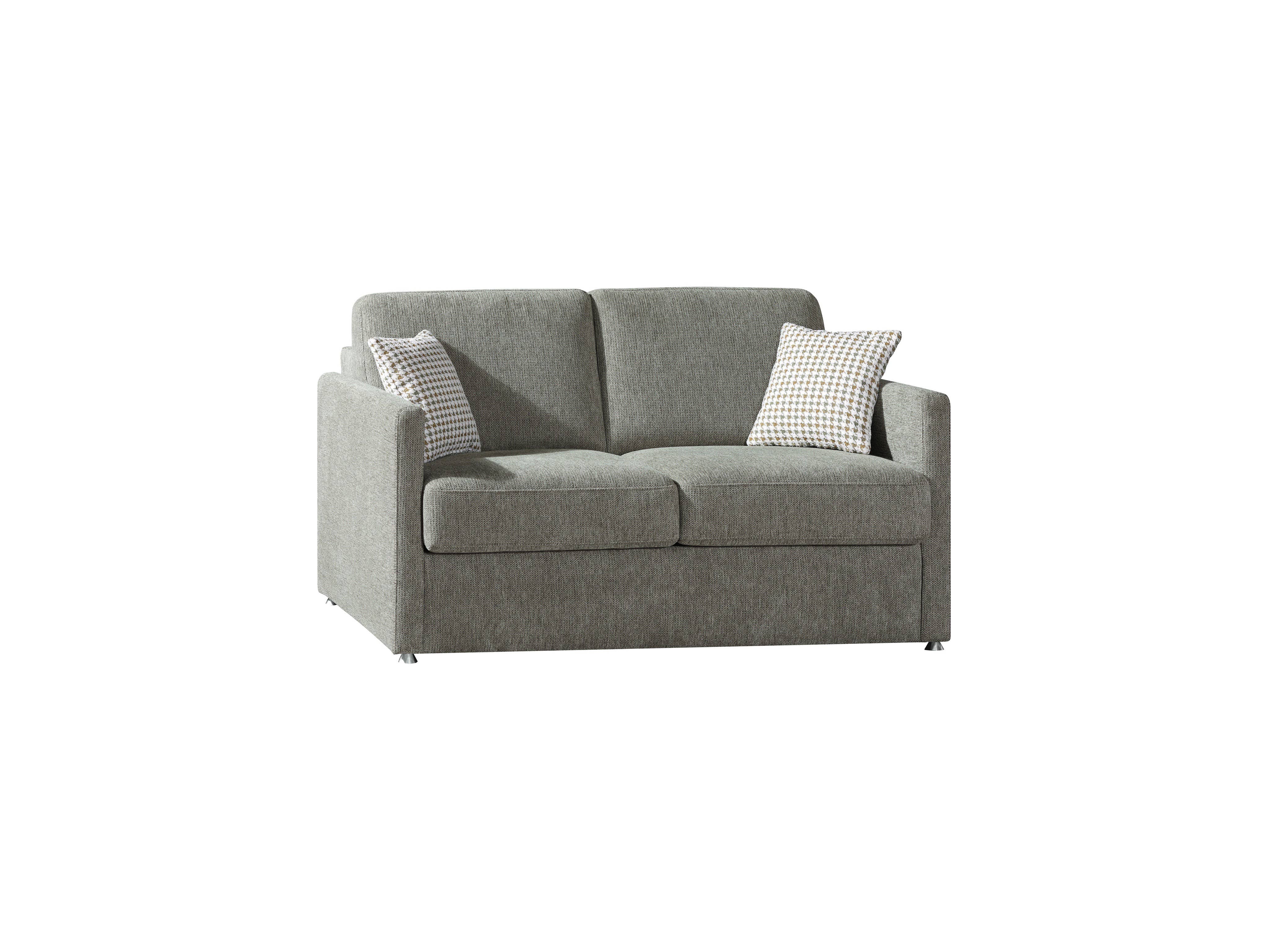 2-Sitzer Sofa Rom grau mit Stoffbezug, geradlinigen Armlehnen und Kissen mit Muster