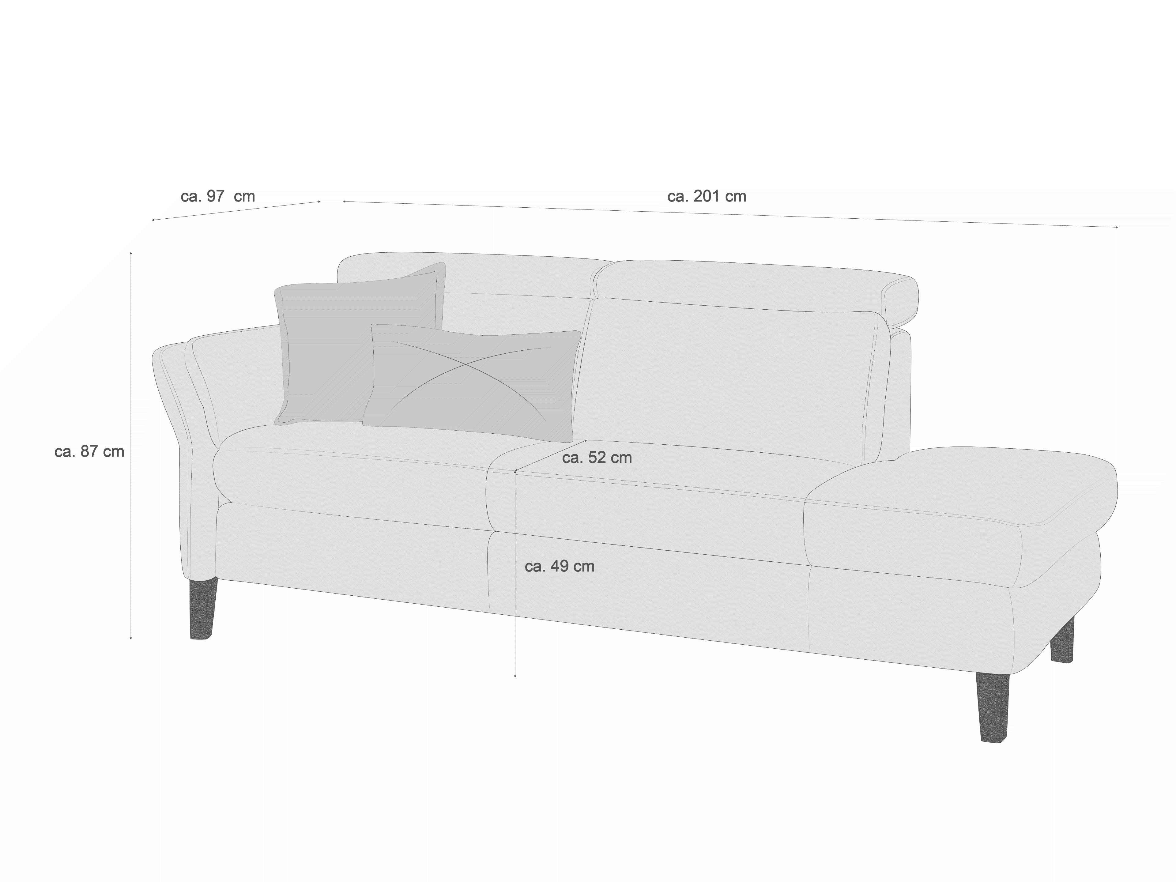 2-Sitzer-Sofa mit Ottomane, gepolsterte Rückenlehnen, zwei Kissen, schmale Armlehnen, vier Beine