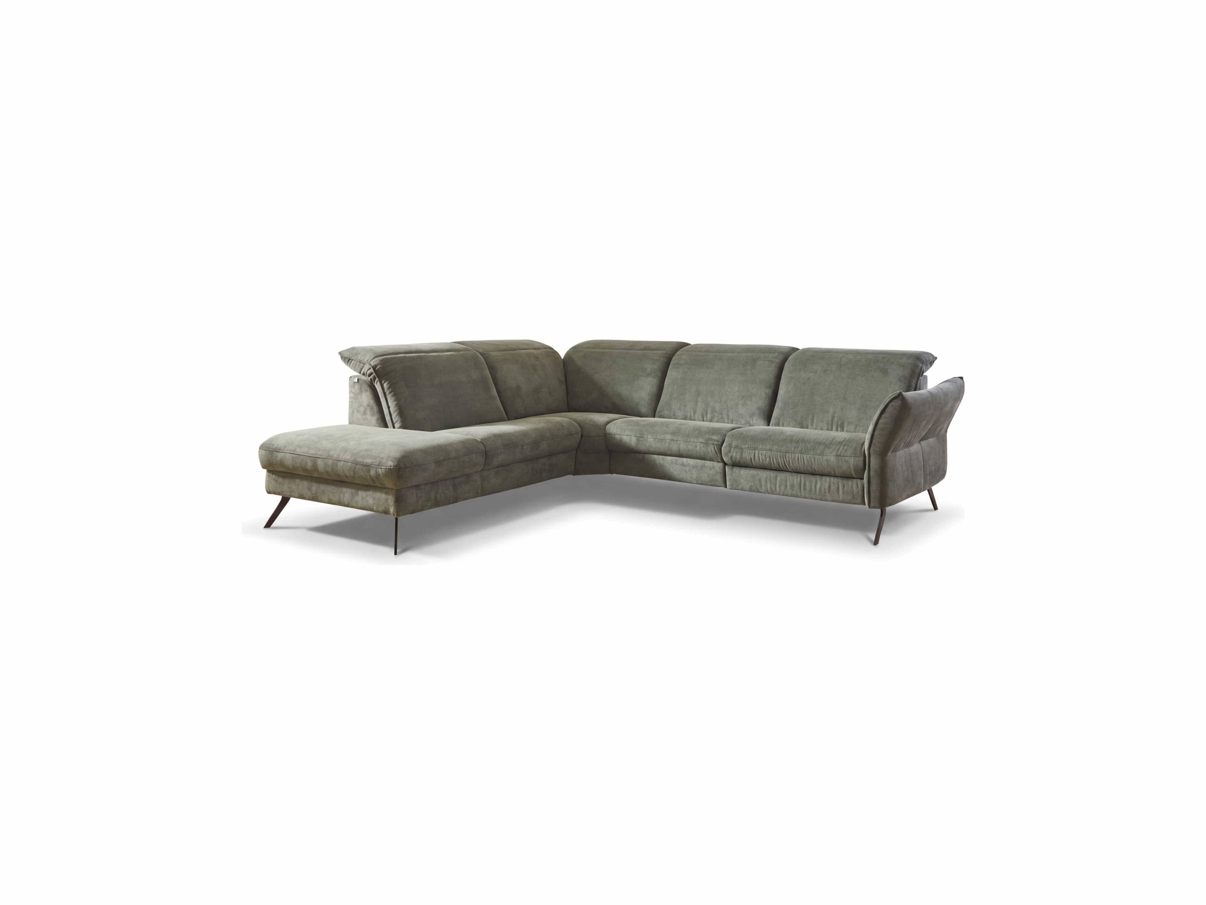 Ecksofa Kabs mit grauem Stoffbezug, gepolsterten Rückenlehnen und schlanken Metallfüßen