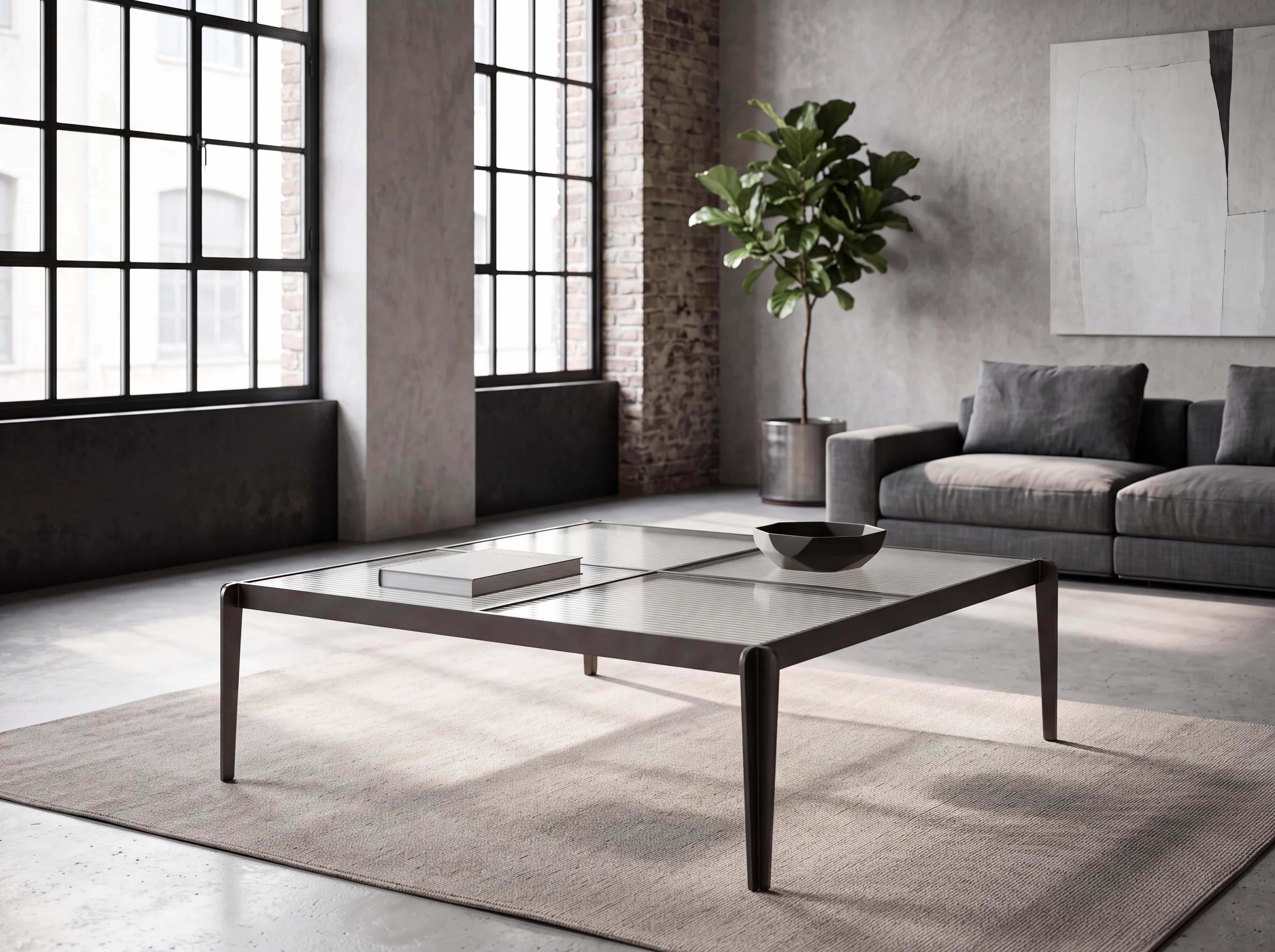 Rechteckiger Couchtisch mit Glasplatte, dunklem Metallgestell und schlanken Beinen auf Teppich