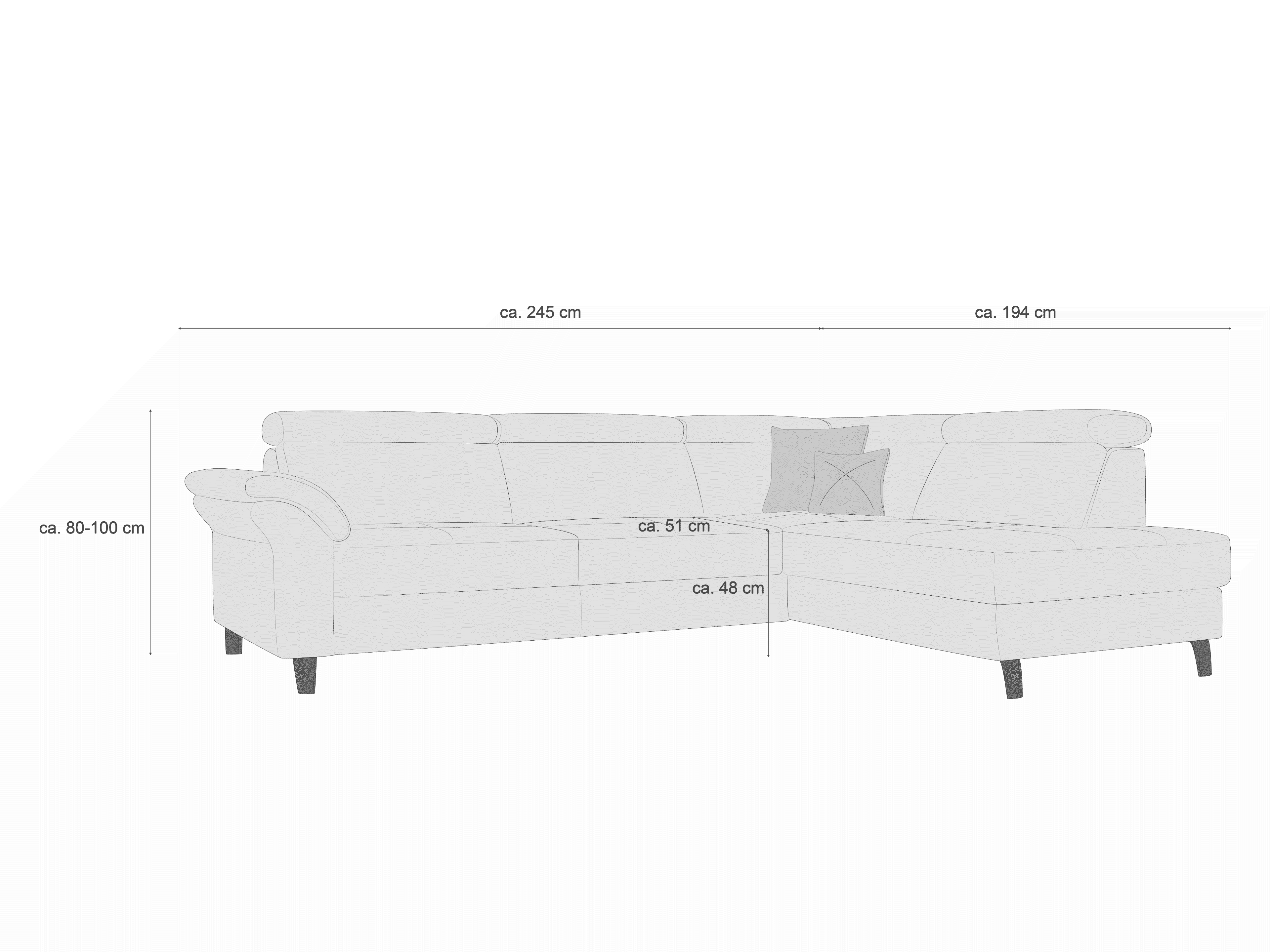 Ecksofa mit Stoffbezug, helle Farbe, Armlehnen, gepolsterte Rückenlehne und sichtbaren Holzfüßen