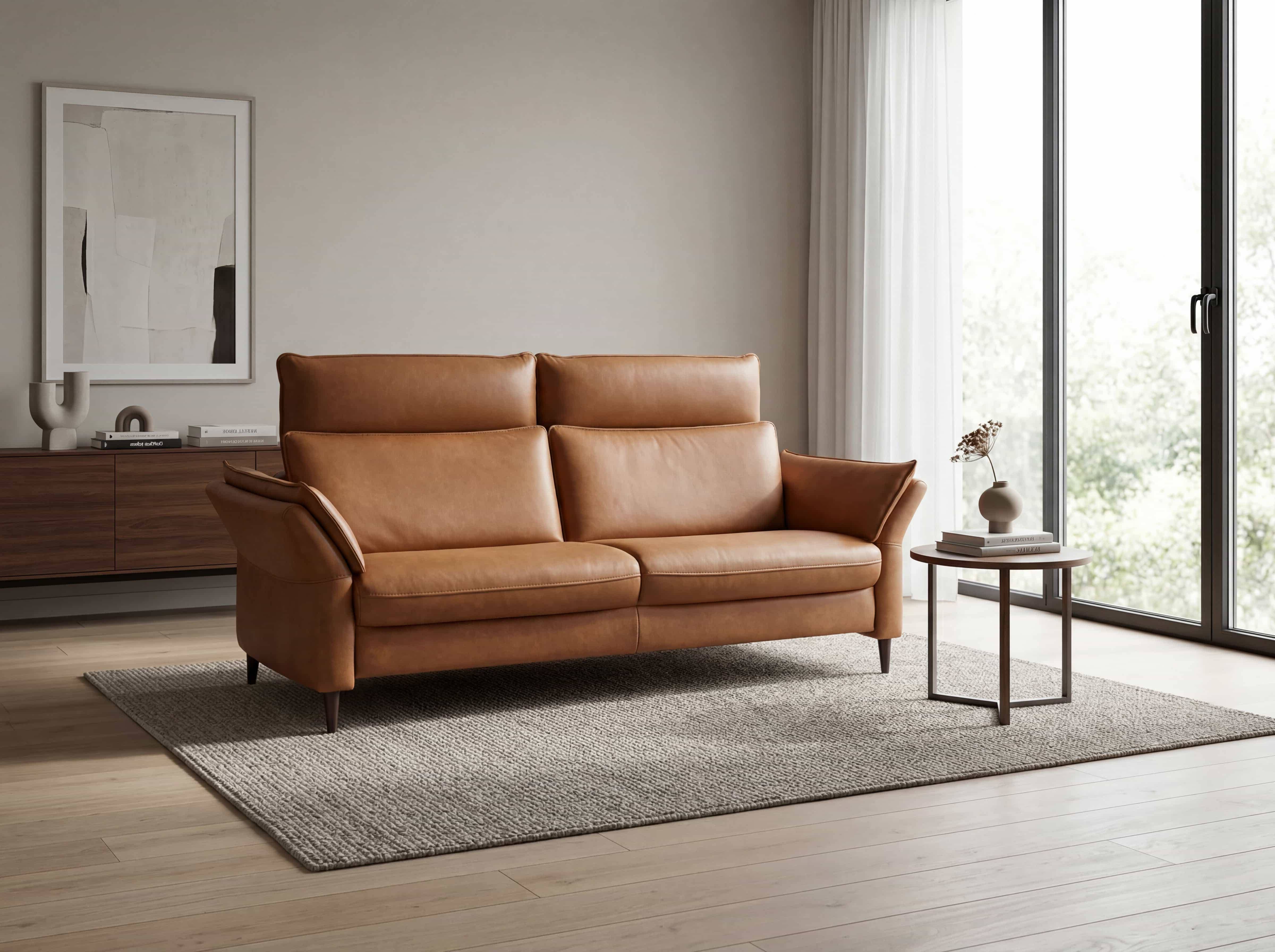 2-Sitzer Ledersofa mit hoher Rückenlehne, breiten Armlehnen und braunem Bezug auf Holzfüßen