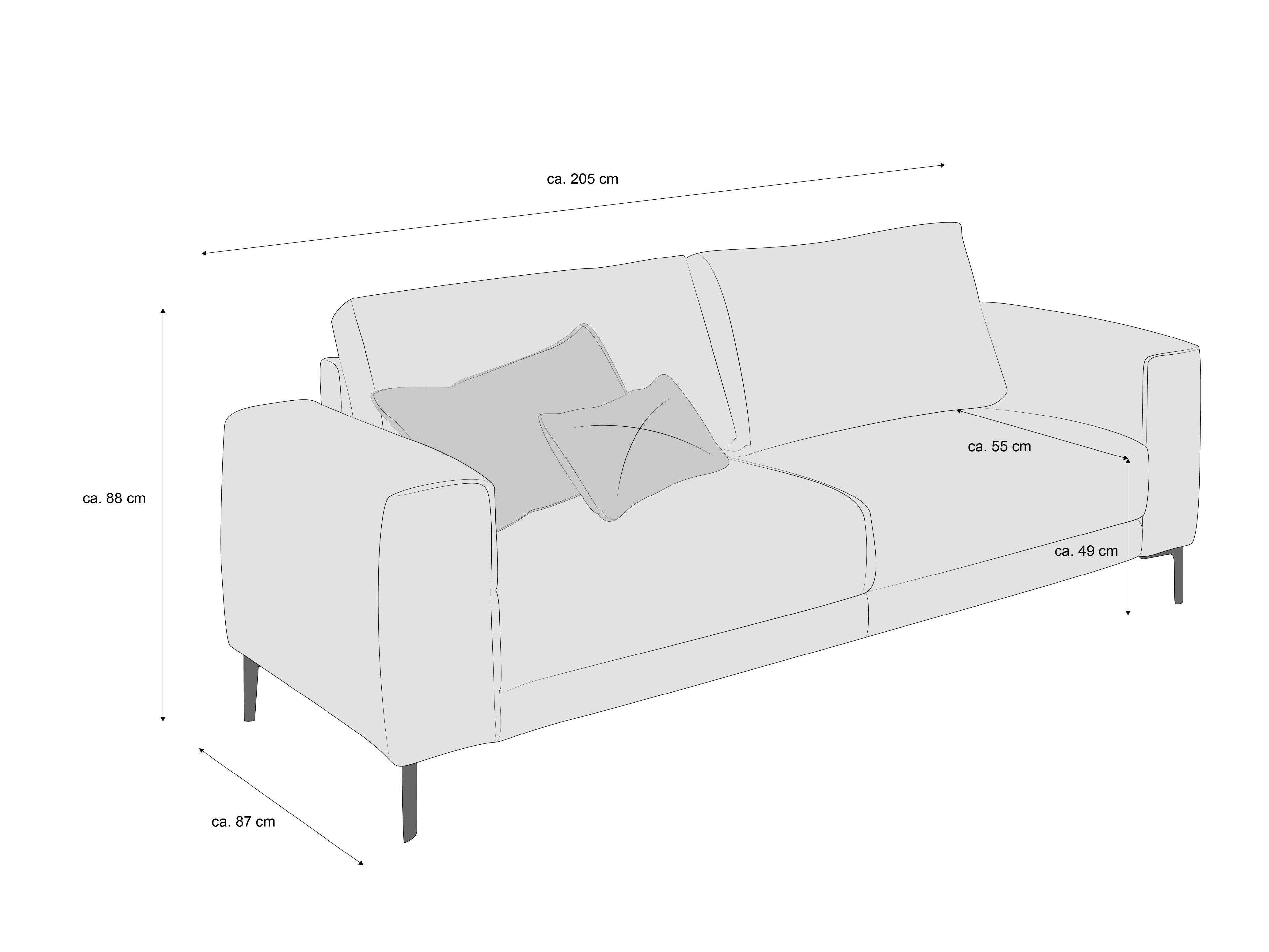 2-Sitzer Sofa mit Armlehnen, gepolsterten Sitzflächen, zwei Kissen und Metallfüßen, frontal gezeigt