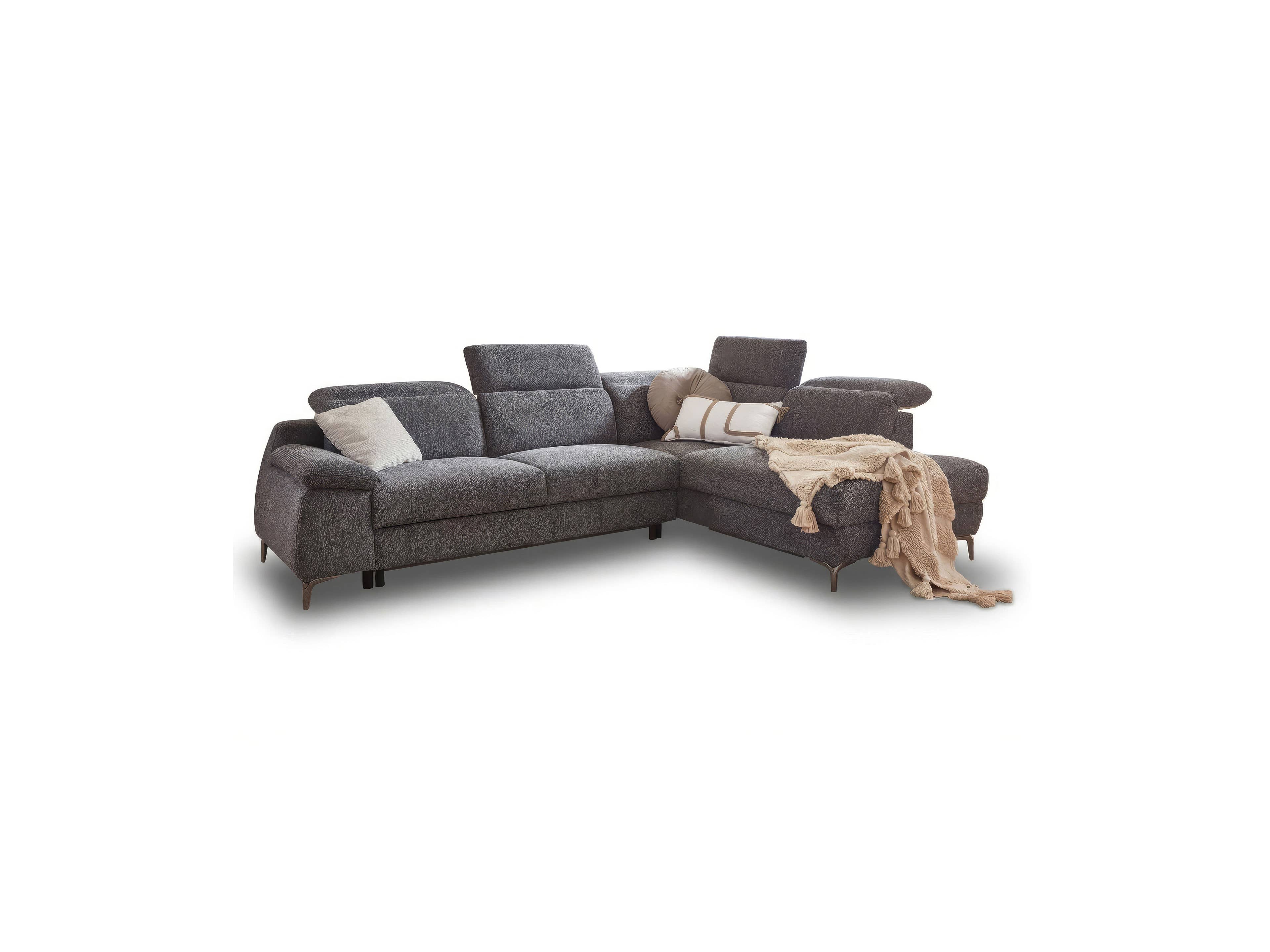 Ecksofa Kabs Madrid mit dunkelgrauem Stoffbezug, verstellbaren Kopfstützen und Metallfüßen