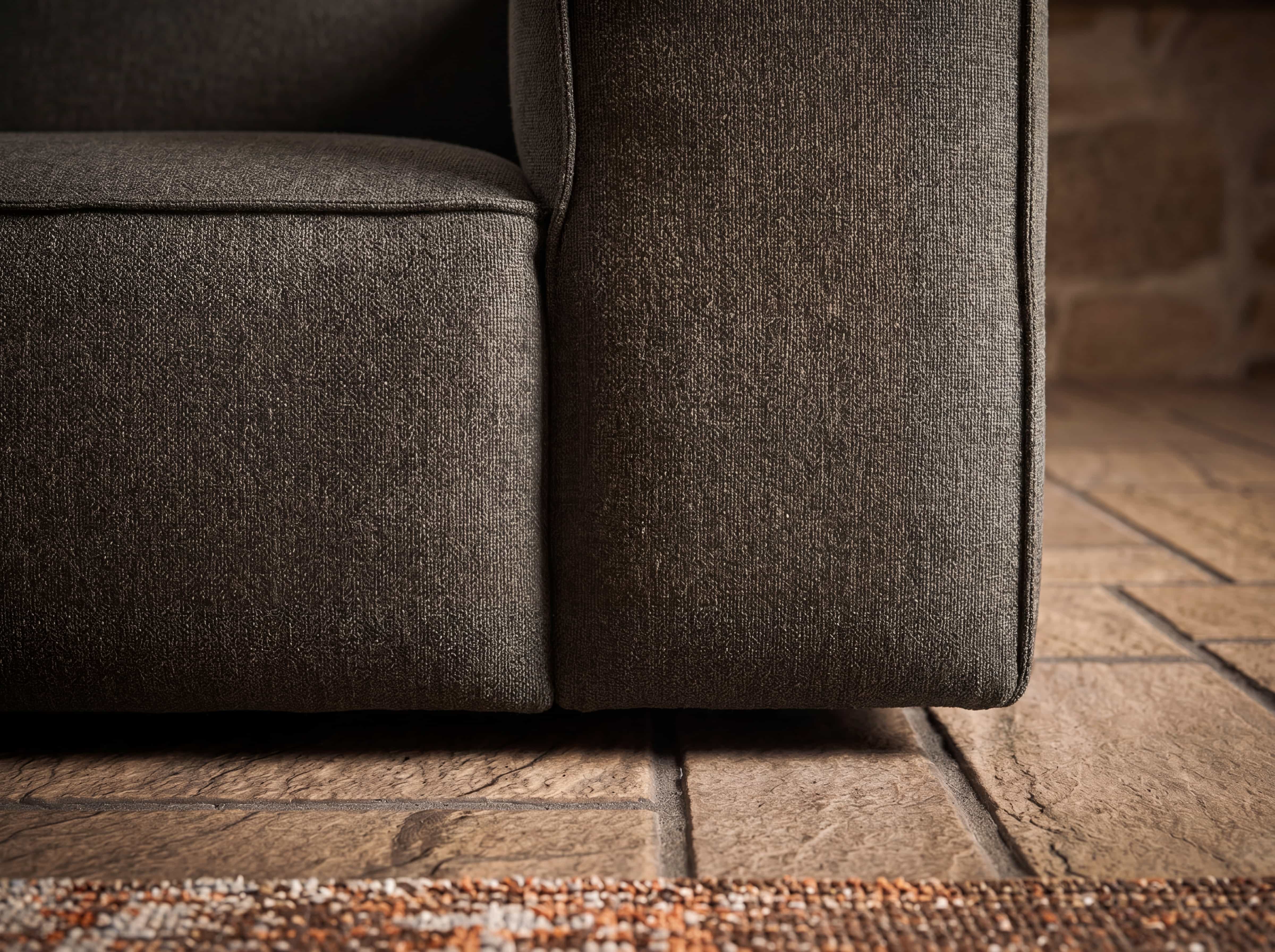 Ecksofa Kabs mit dunkelbraunem Stoffbezug, gepolsterte Armlehne, eckige Form, Nahaufnahme