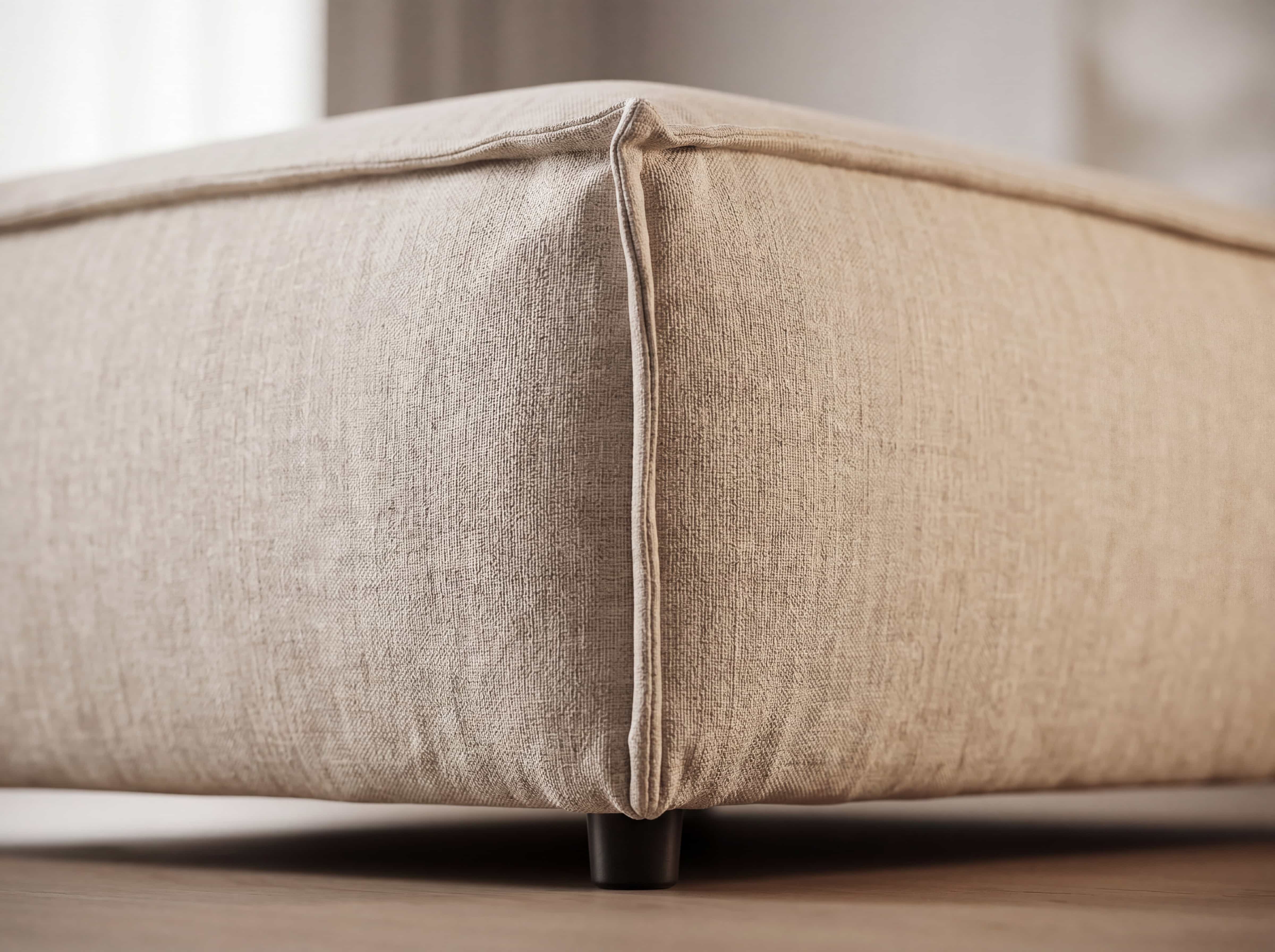 Beigefarbener Stoffsofa-Fußteil von Kabs Polsterwelt mit sichtbarer Naht und rundem, dunklem Bein.