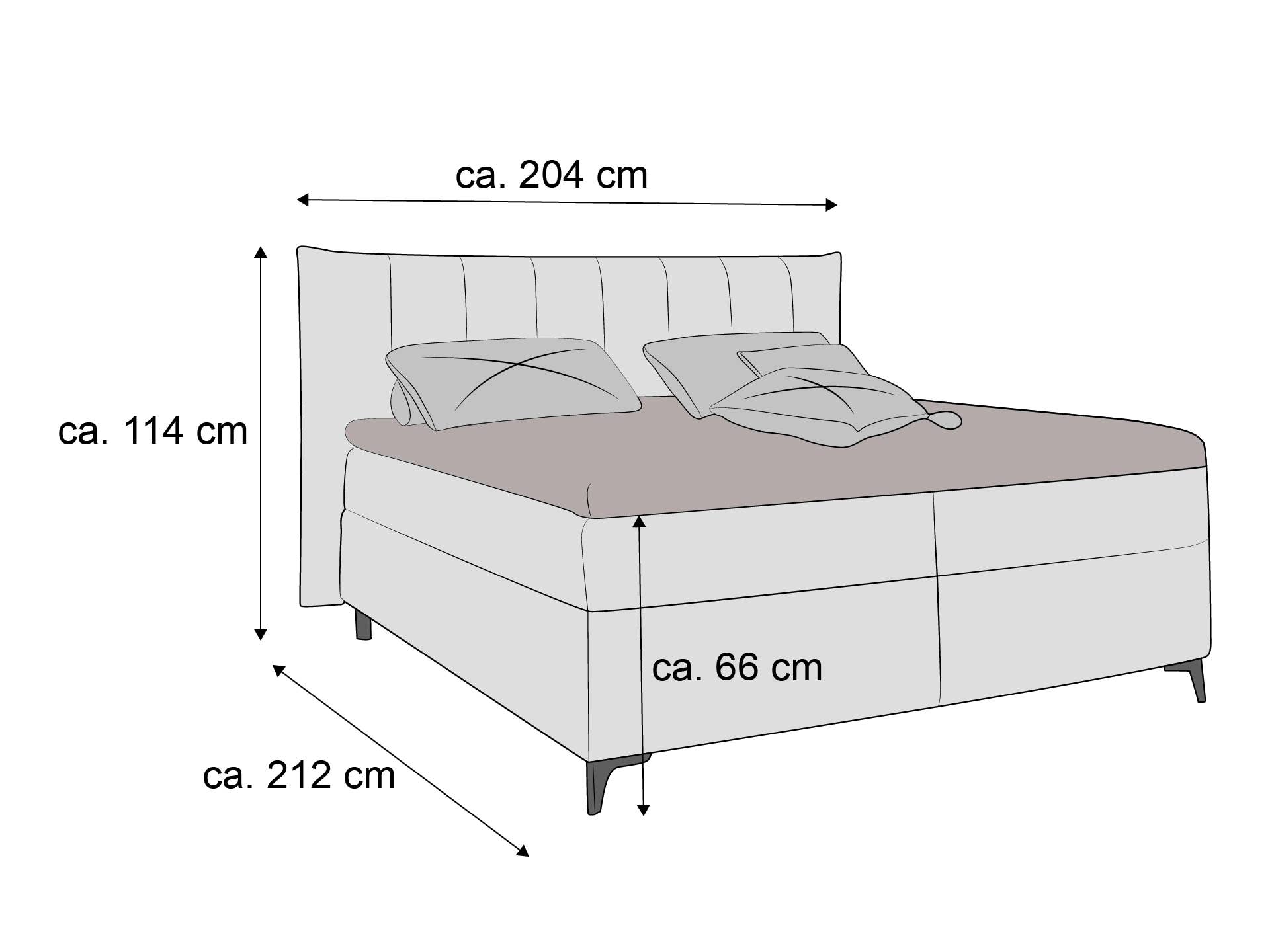 Boxspringbett mit gestepptem Kopfteil, hellem Bezug und dunklen Füßen, rechteckige Form