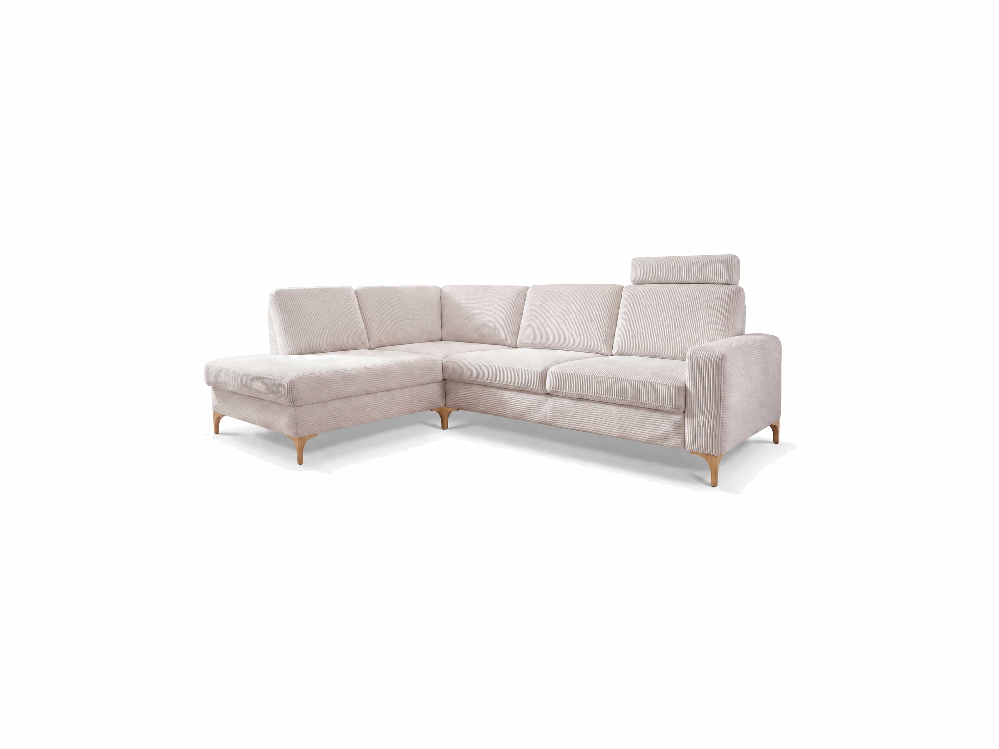 Ecksofa Kabs mit beigem Cordbezug, L-Form, Holzfüßen, Armlehne rechts und verstellbarem Kopfteil