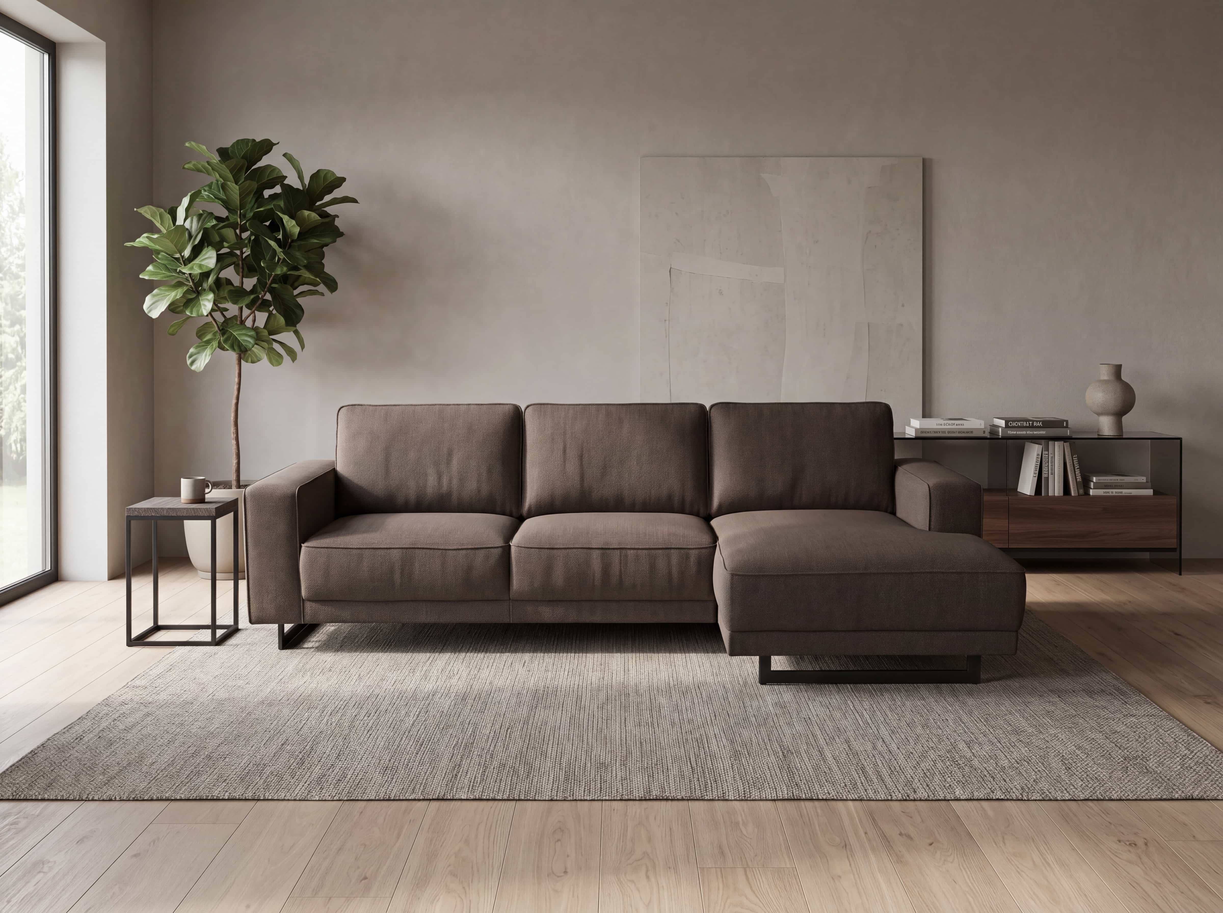 Ecksofa Kabs Polsterwelt, brauner Stoffbezug, breite Armlehnen, gepolsterte Sitzfläche, Metallfüße