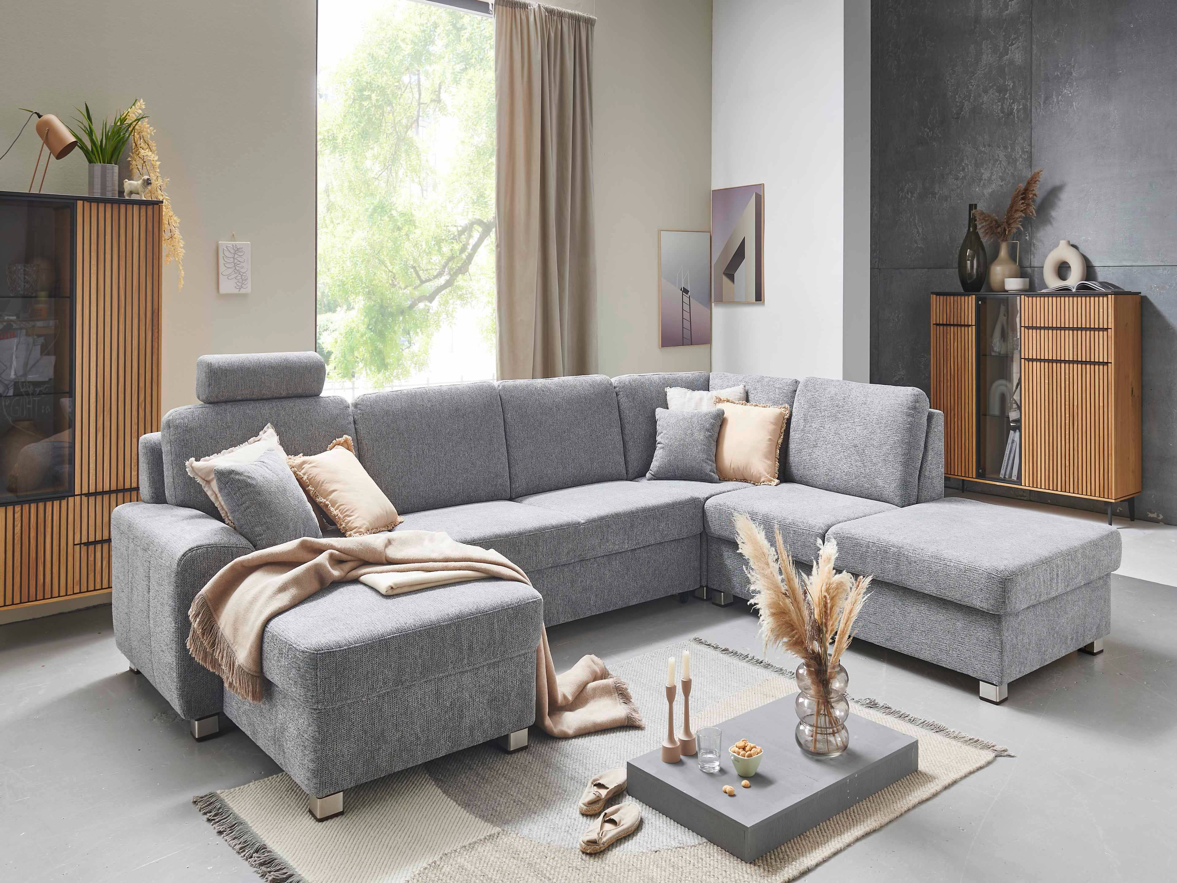 Ecksofa Kabs Polsterwelt mit grauem Stoffbezug, rechter Ottomane, breite Armlehne, verstellbare Kopfstütze
