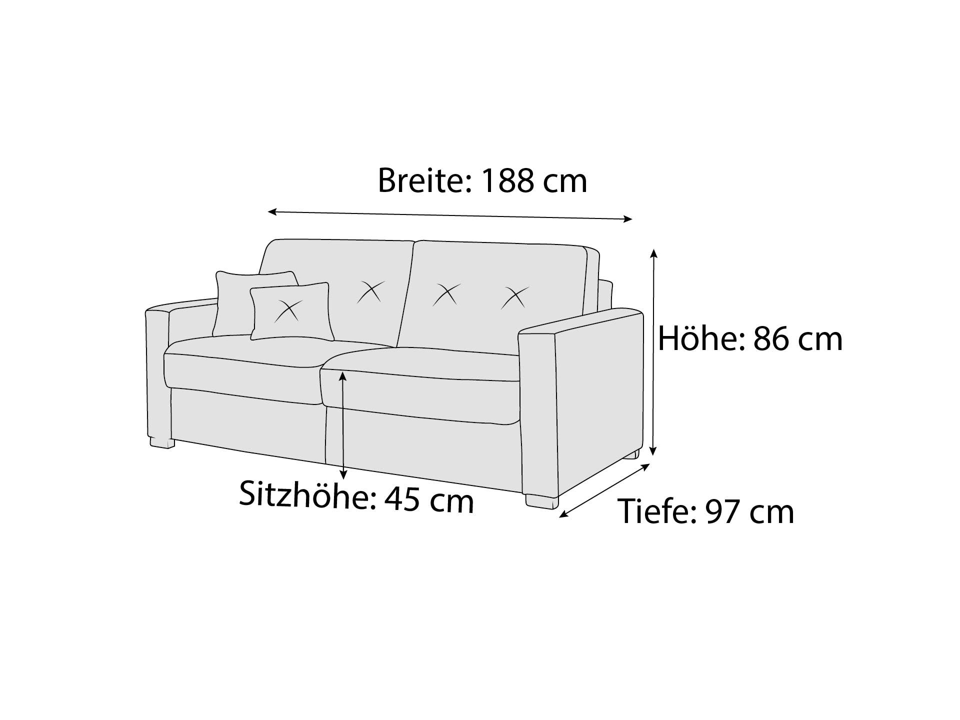 2-Sitzer Sofa mit Armlehnen, geraden Linien, Knopfheftung auf der Rückenlehne und Zierkissen