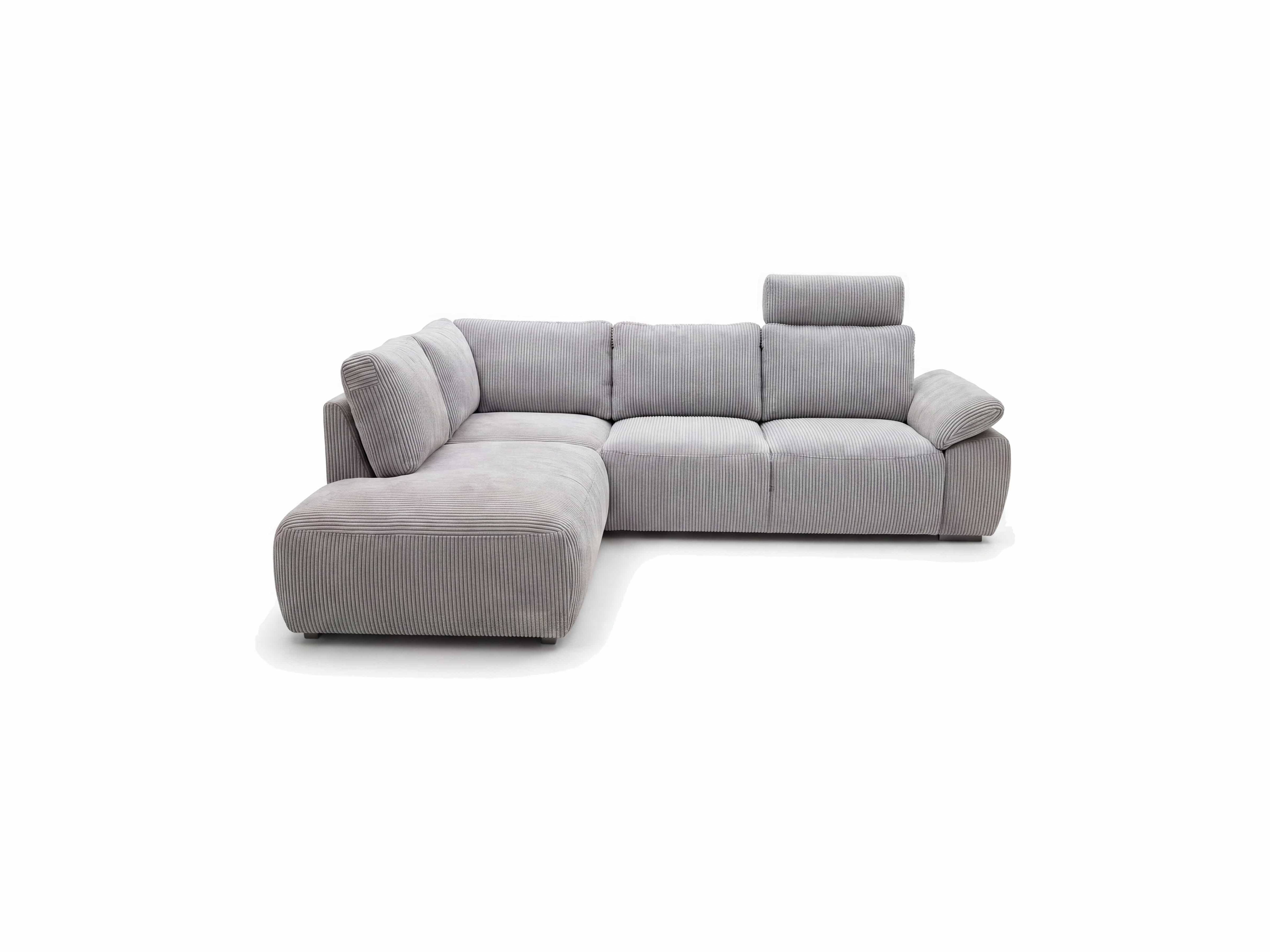 Ecksofa Kazar – grauer Cordbezug in L-Form mit verstellbarer Kopfstütze und breiten Armlehnen