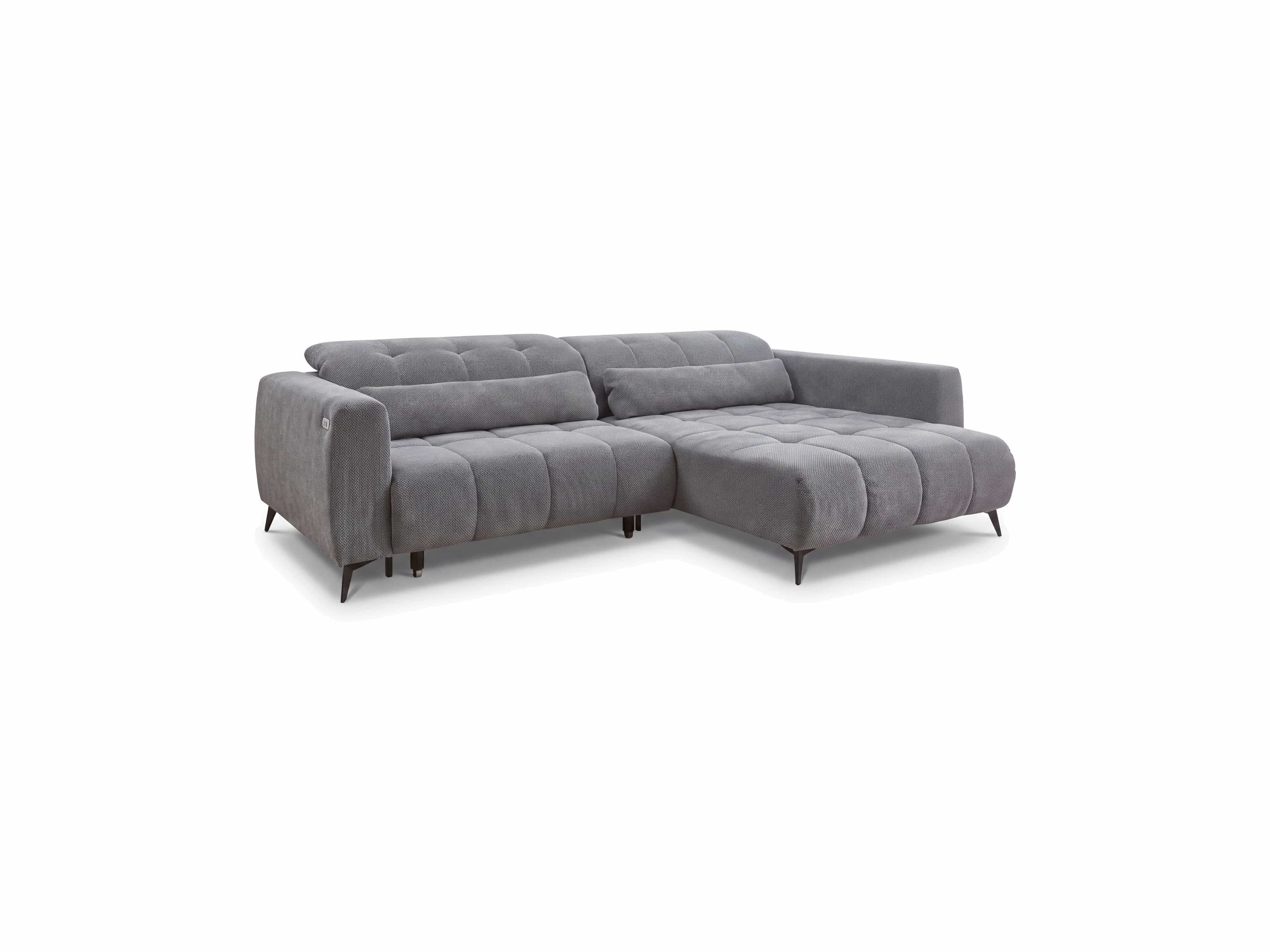 Ecksofa Loft mit grauem Stoffbezug, gepolsterten Armlehnen, Steppung und schwarzen Füßen