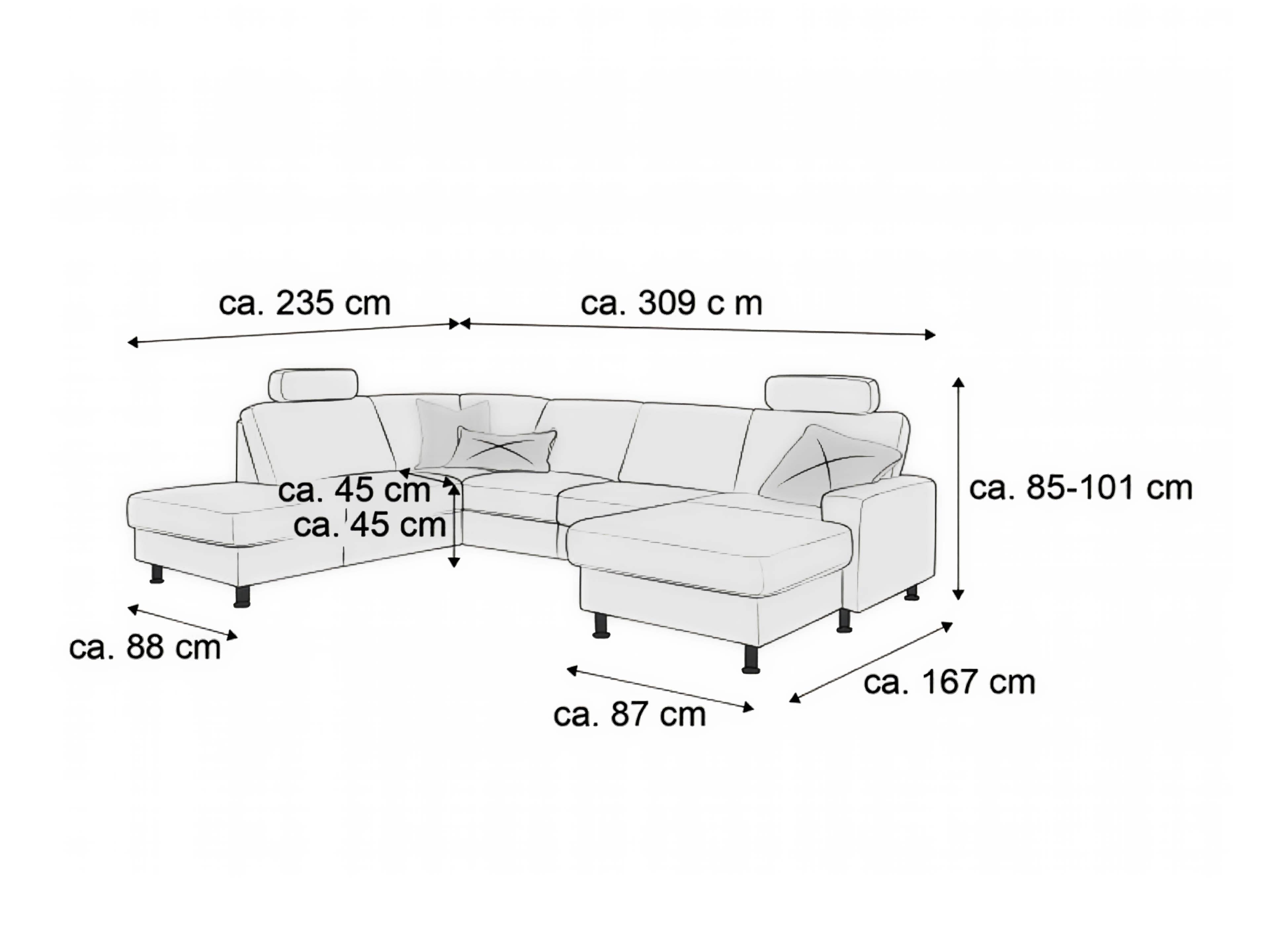 Ecksofa mit verstellbaren Kopfstützen, Stoffbezug und Armlehnen, rechteckige Form, Maße beschriftet