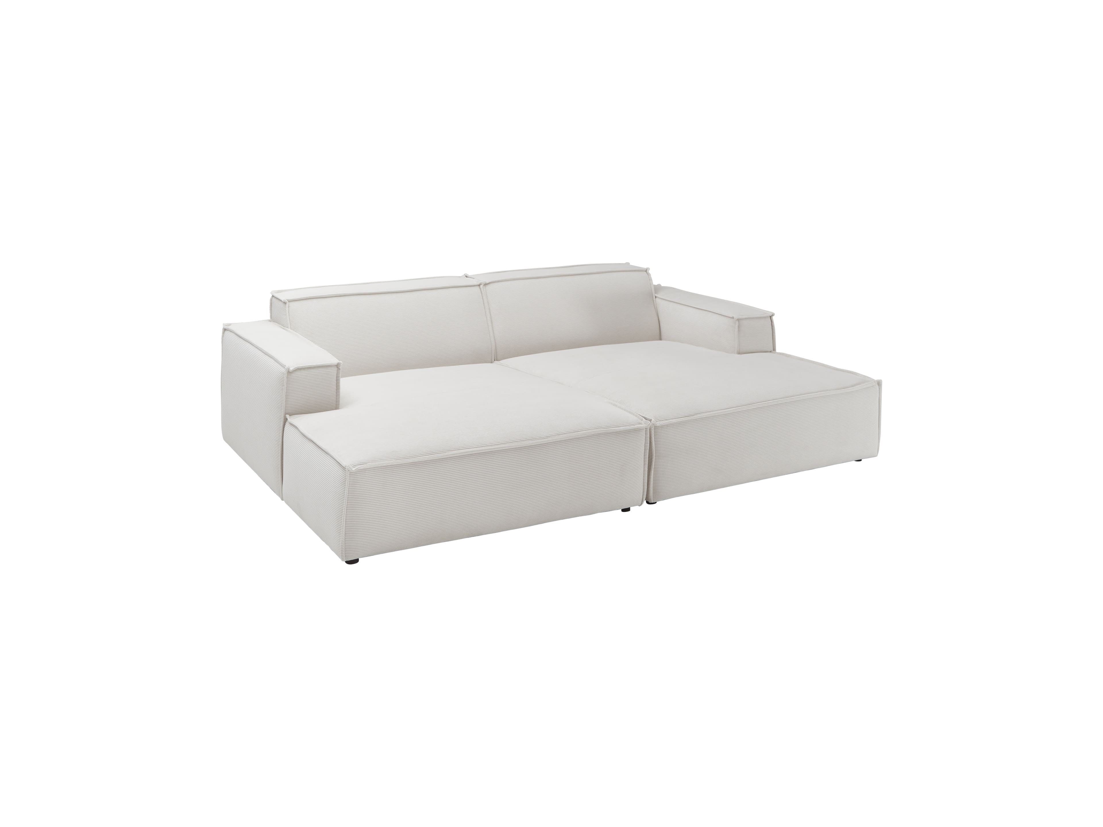 2-Sitzer Sofa mit breiten Armlehnen, helles Stoffmaterial, niedrige Rückenlehne, kubische Form