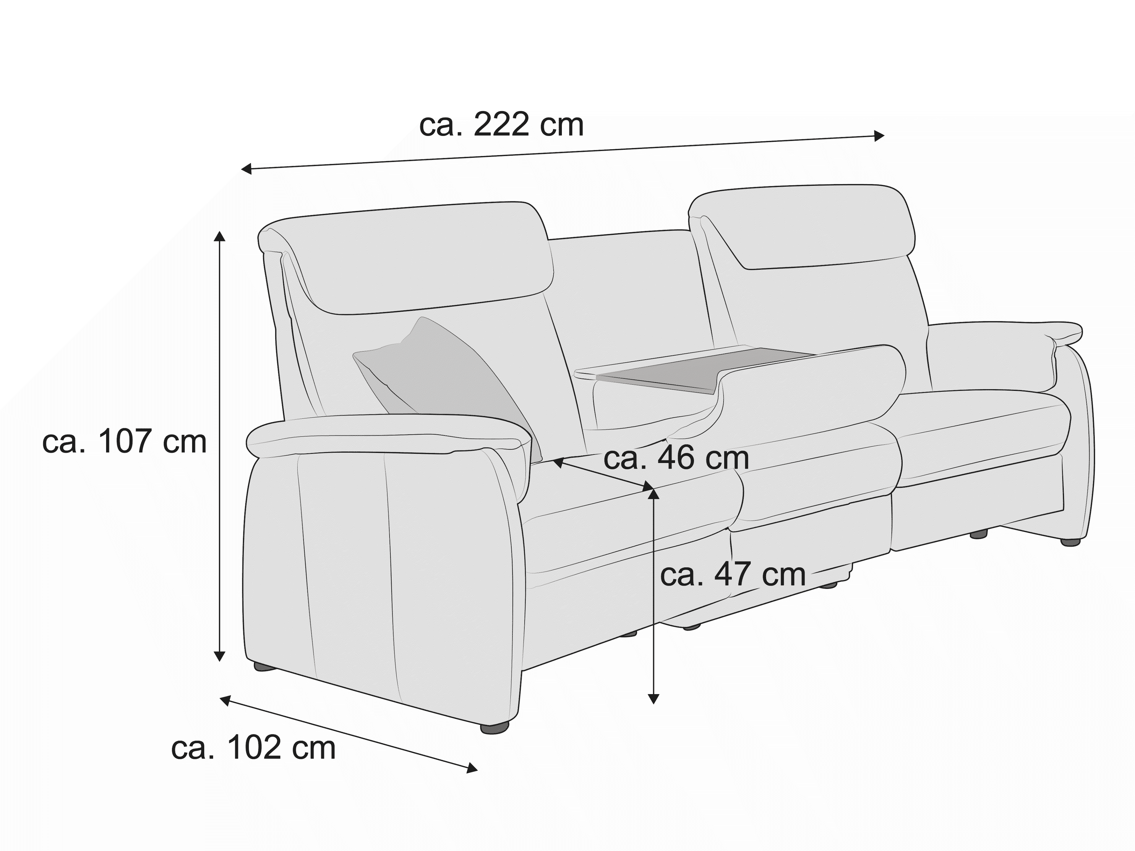 3-Sitzer Sofa mit Armlehnen, verstellbaren Kopfstützen, Mittelablage, gepolstert, helles Bezugsmaterial