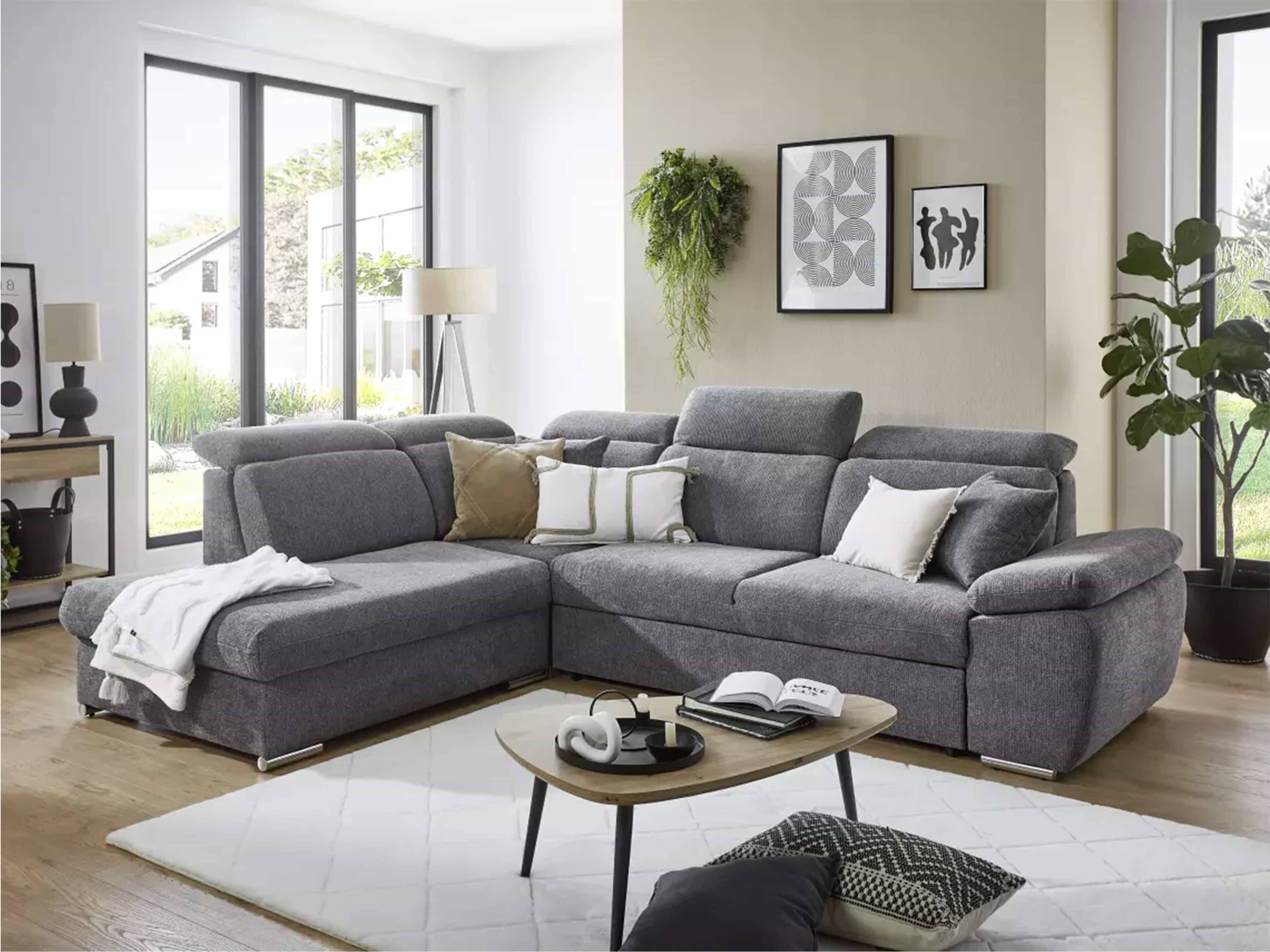 Ecksofa Kabs Polsterwelt mit grauem Stoffbezug, verstellbaren Kopfteilen und breiten Armlehnen