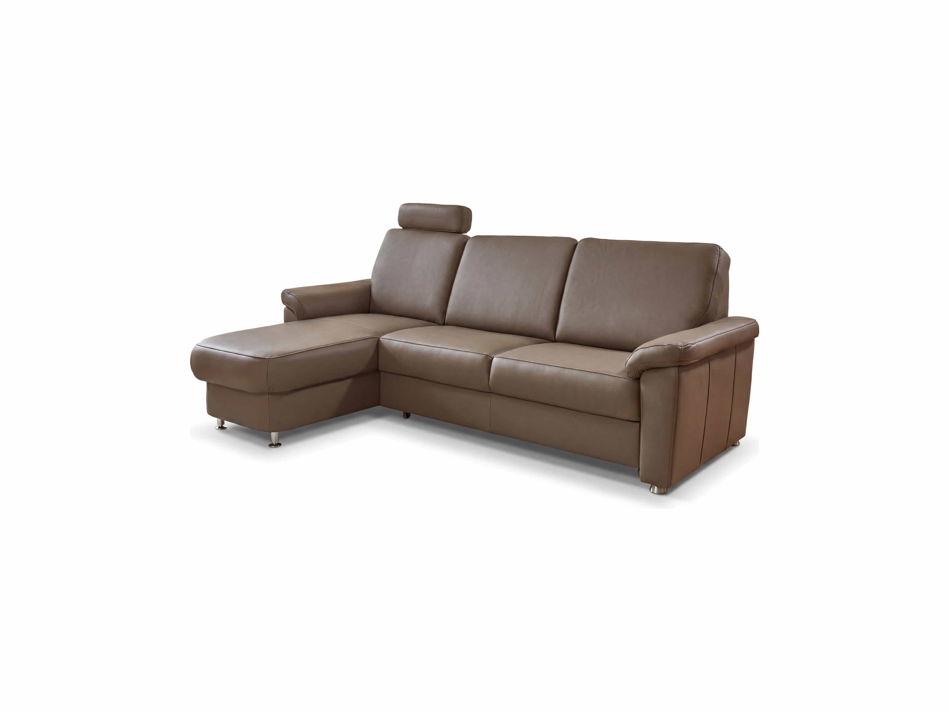 Ecksofa Parsim – brauner Bezug, L-Form, breite Armlehnen, abgerundete Kopfstütze, Metallfüße