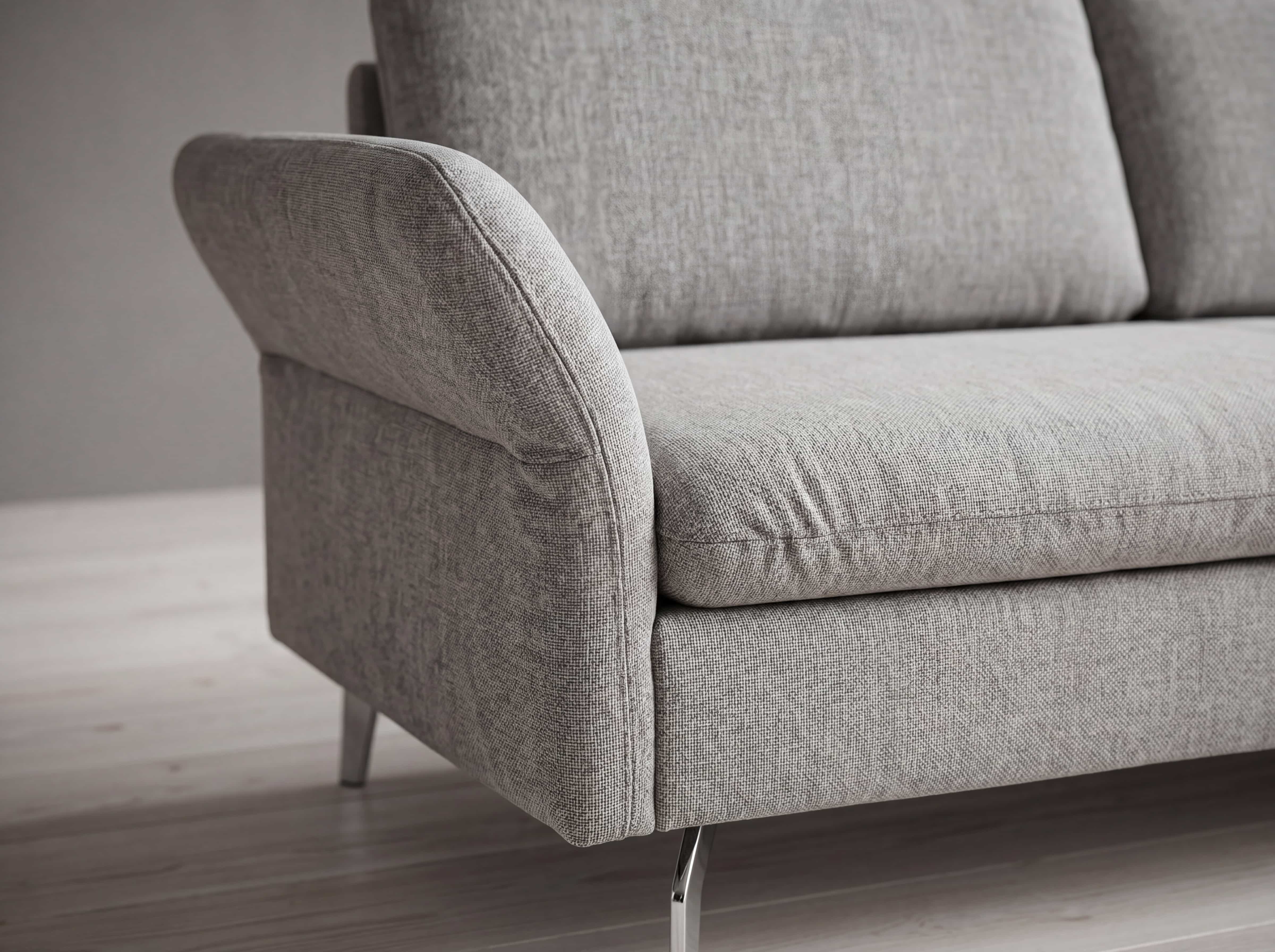 2-Sitzer Sofa mit Armlehne, grauer Stoffbezug, gepolstert, Metallfüße, moderne Ausführung