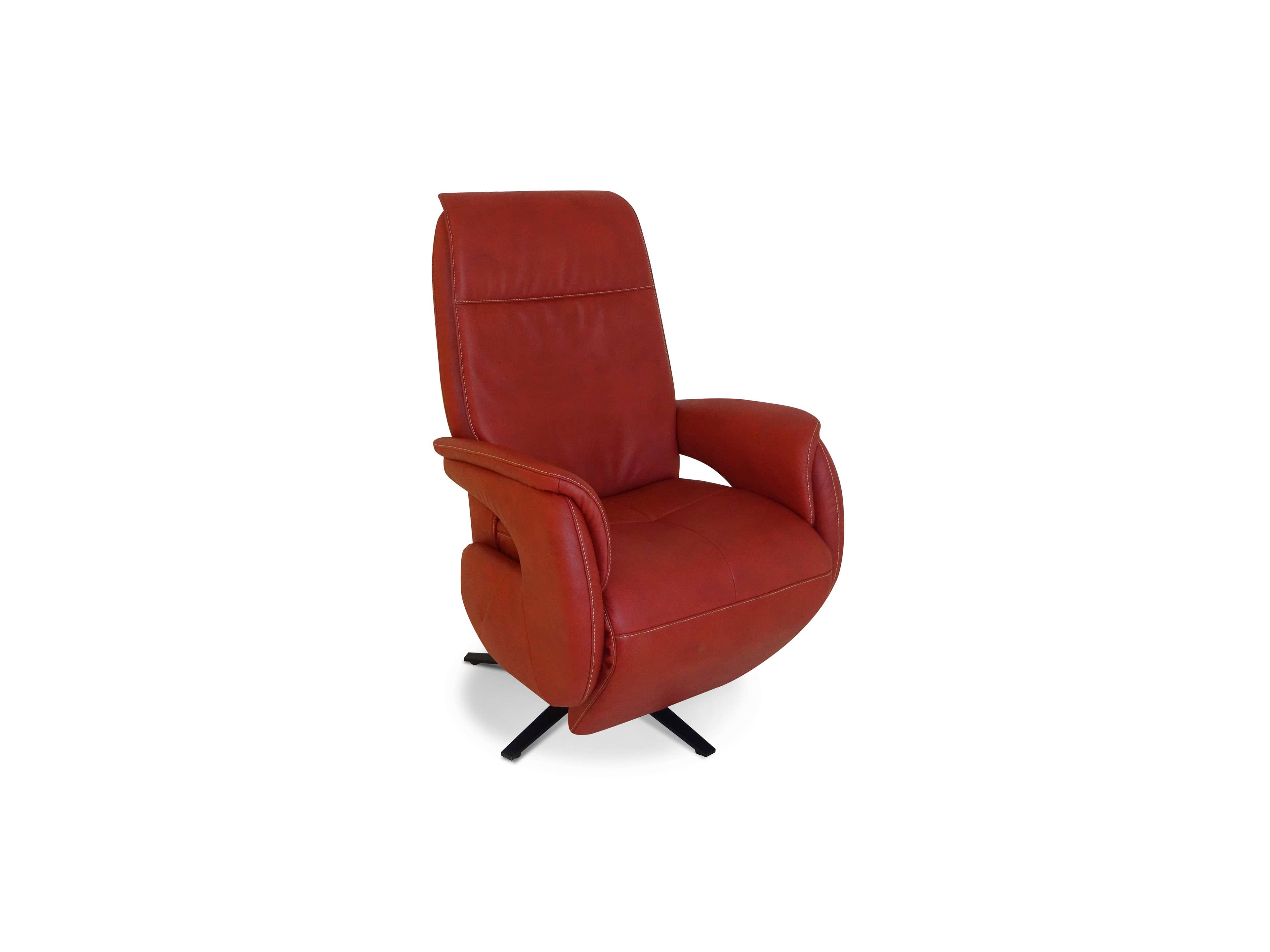 Relaxsessel in Rot mit Lederbezug, gepolsterter Rückenlehne, Armlehnen und schwarzem Fußgestell