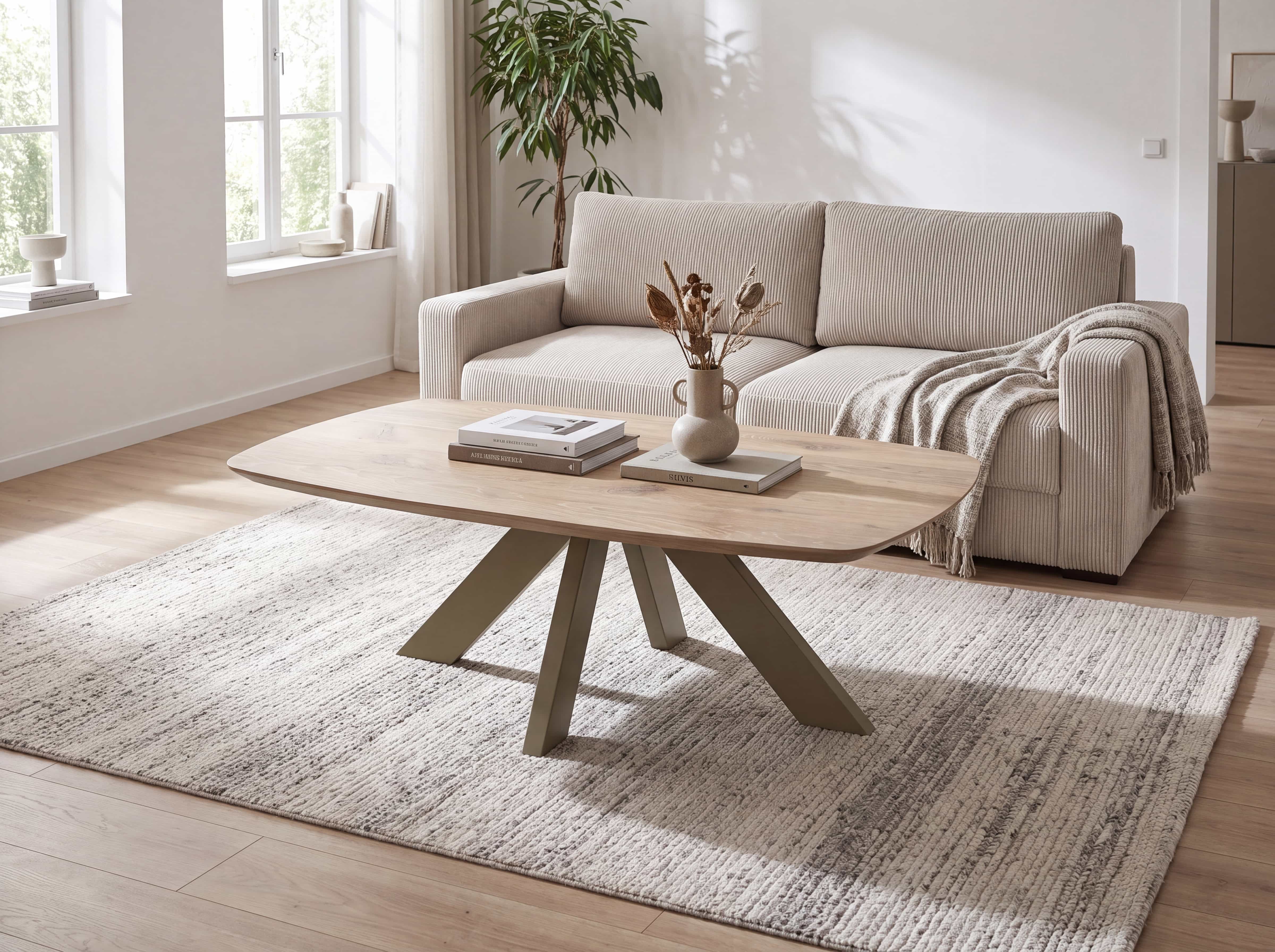 Couchtisch Syrma – Holzfarbene Tischplatte mit abgerundeten Ecken und schrägem Metallgestell