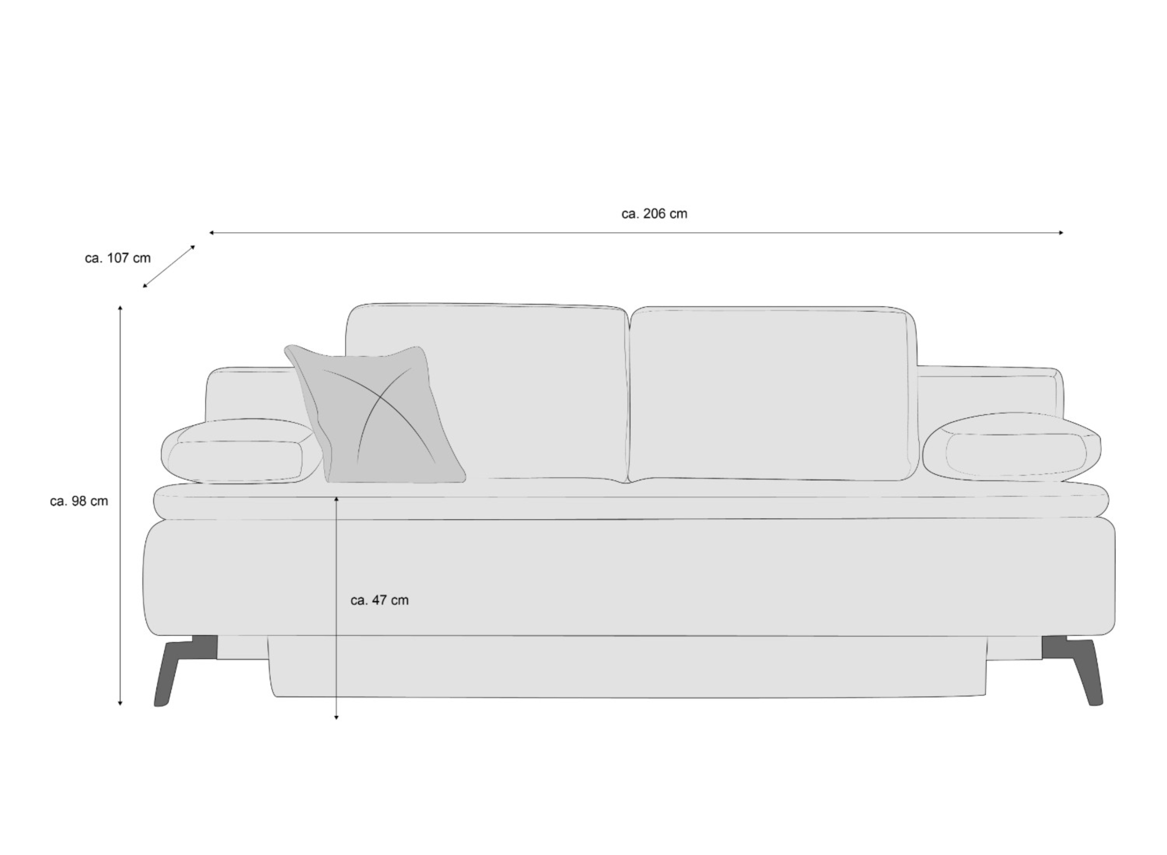 3-Sitzer Sofa mit zwei Rückenlehnen, Armlehnen, Zierkissen und schrägen Füßen, Frontansicht