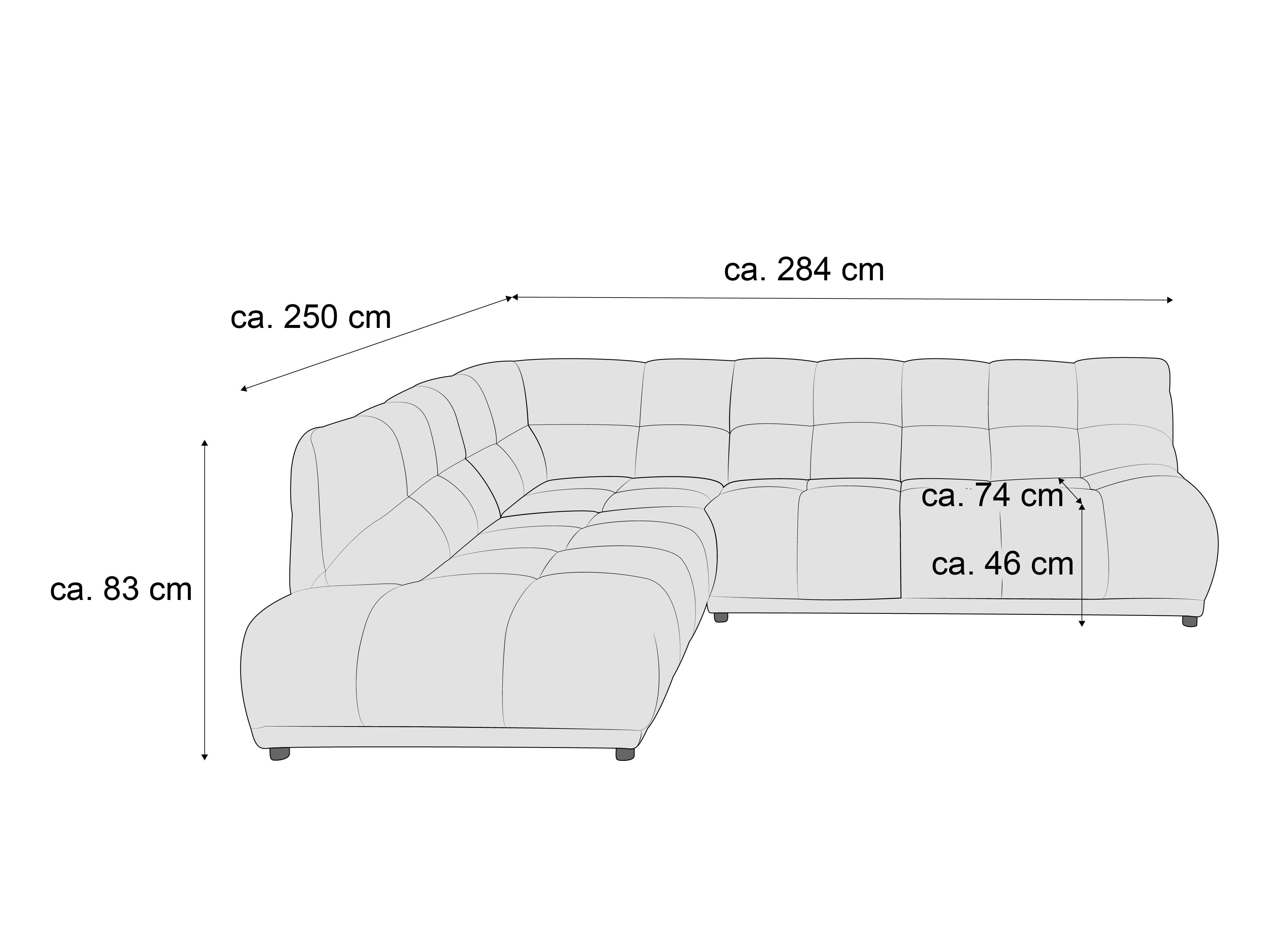Ecksofa mit gepolstertem Stoffbezug, sichtbaren Nähten und niedrigen Armlehnen in U-Form