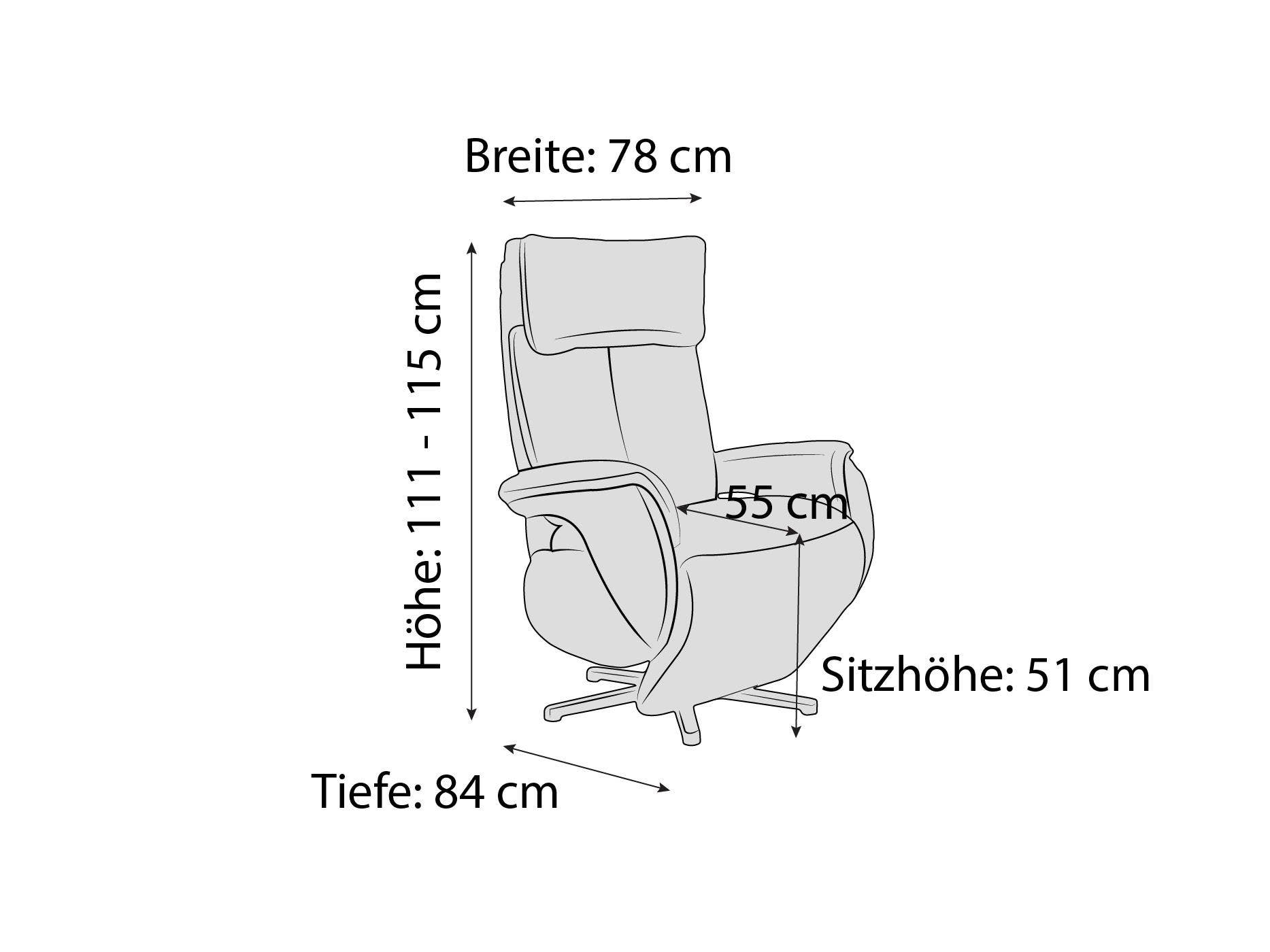 Relaxsessel Pontey – Maßzeichnung mit Angaben zu Breite, Höhe, Tiefe und Sitzhöhe