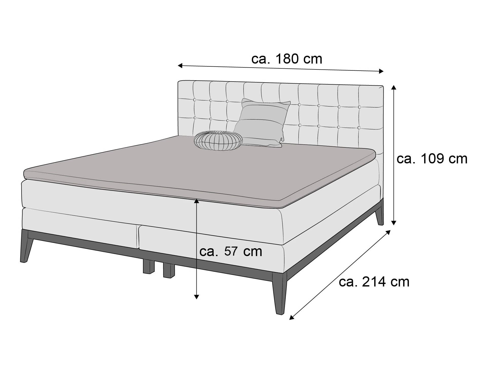 Boxspringbett mit gestepptem Kopfteil, hellgrauem Stoffbezug und sichtbaren dunklen Bettfüßen