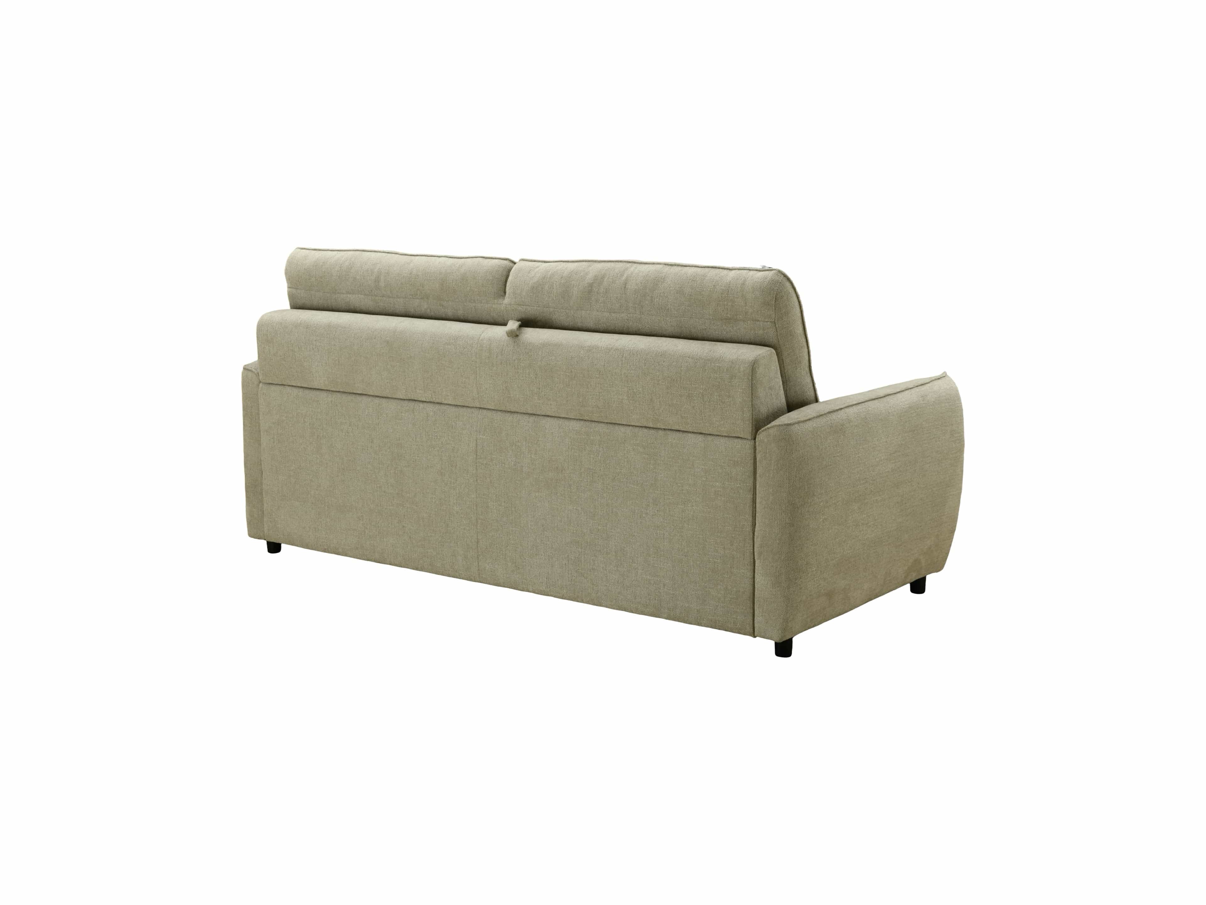 Sofa – Rückansicht mit beigefarbenem Bezug, breite Armlehnen, gerade Linien, niedrige schwarze Füße