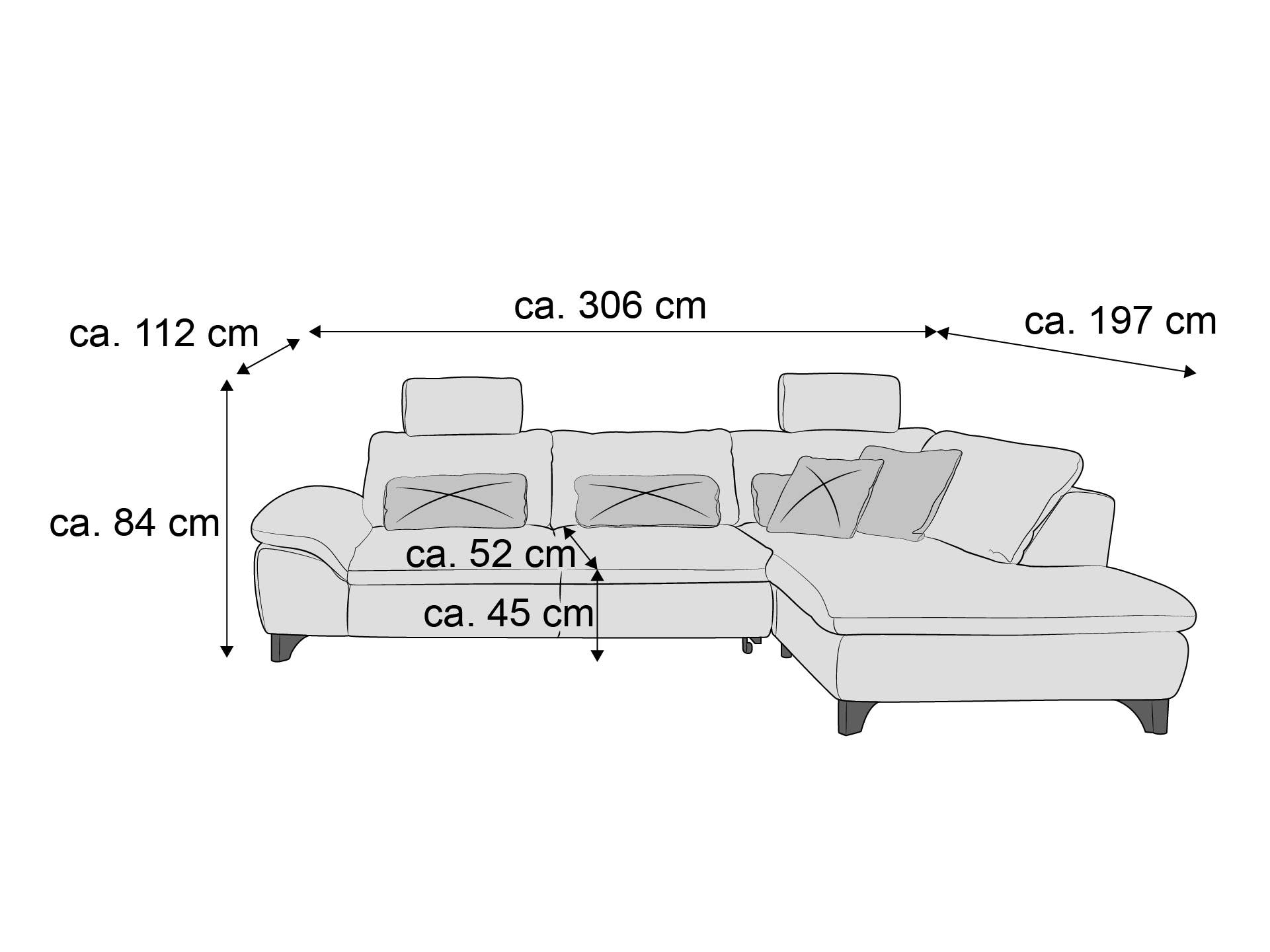 Ecksofa mit verstellbaren Kopfstützen, gepolsterten Sitzflächen, Kissen und kurzen Füßen