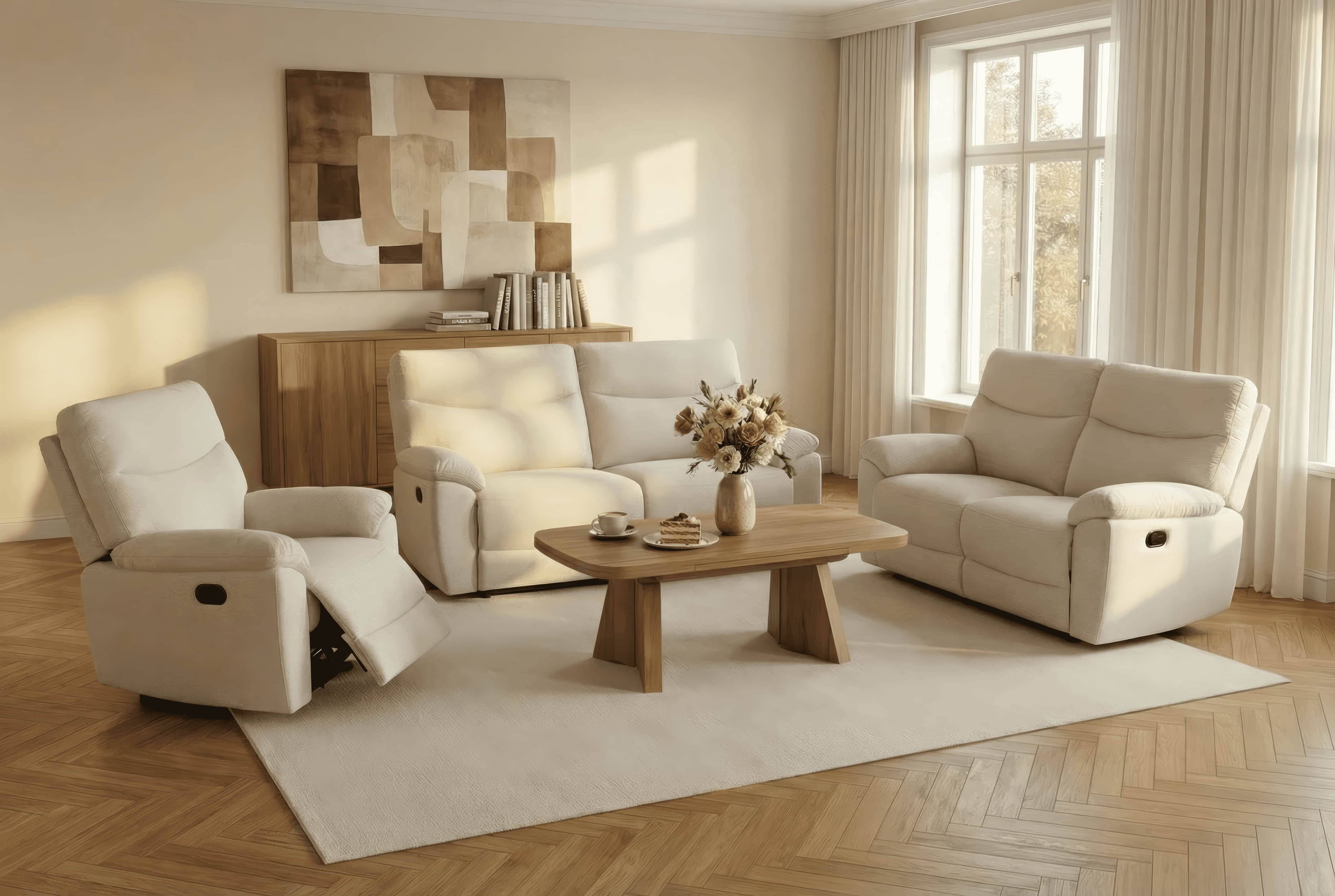 3-Sitzer Sofa Kabs Polsterwelt mit beigem Stoffbezug, gepolsterter Rückenlehne und breiten Armlehnen