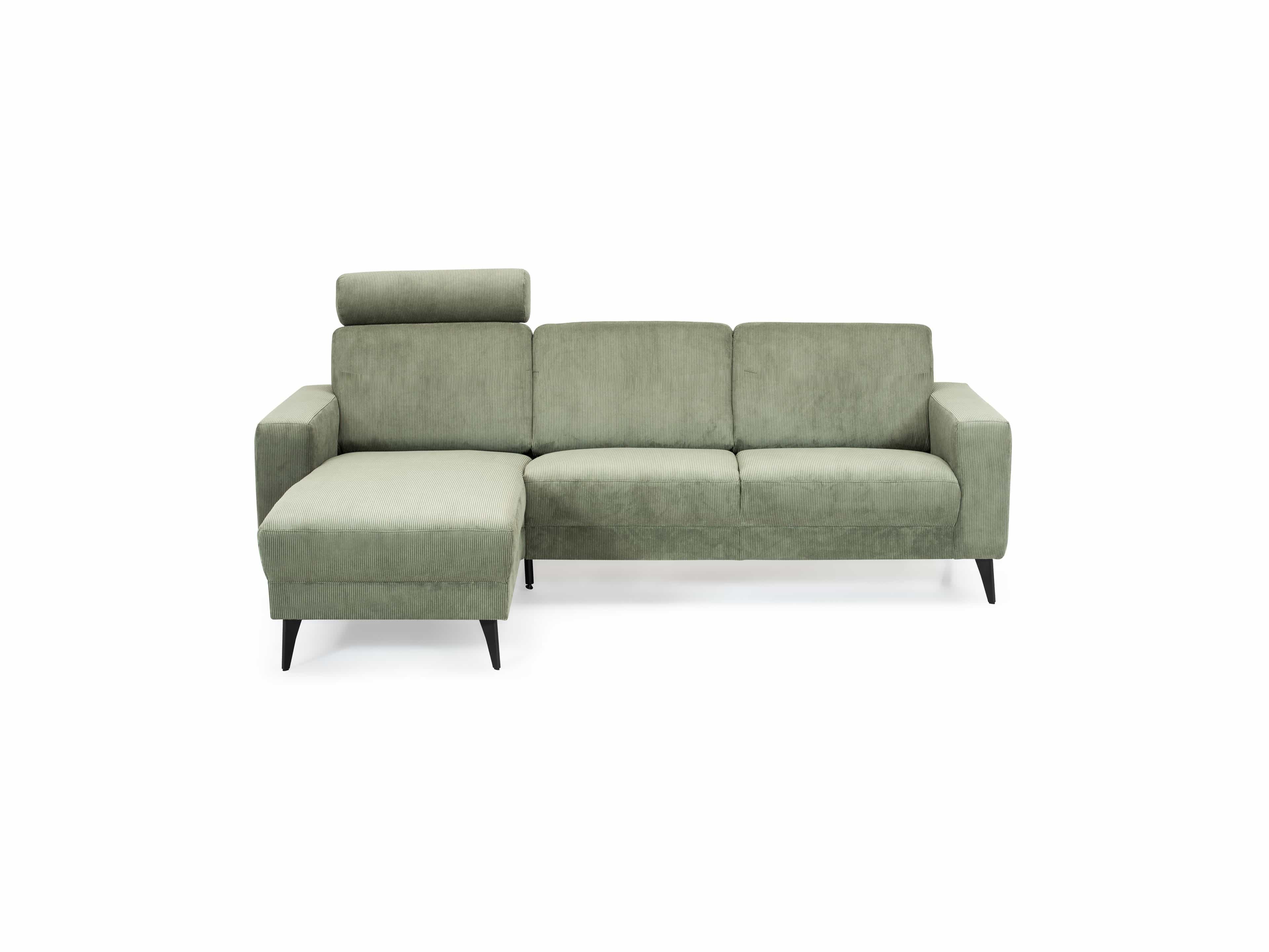 Ecksofa Arezzo mit Cordbezug in Grün, linksseitiger Longchair, gepolsterte Armlehnen, schwarze Füße