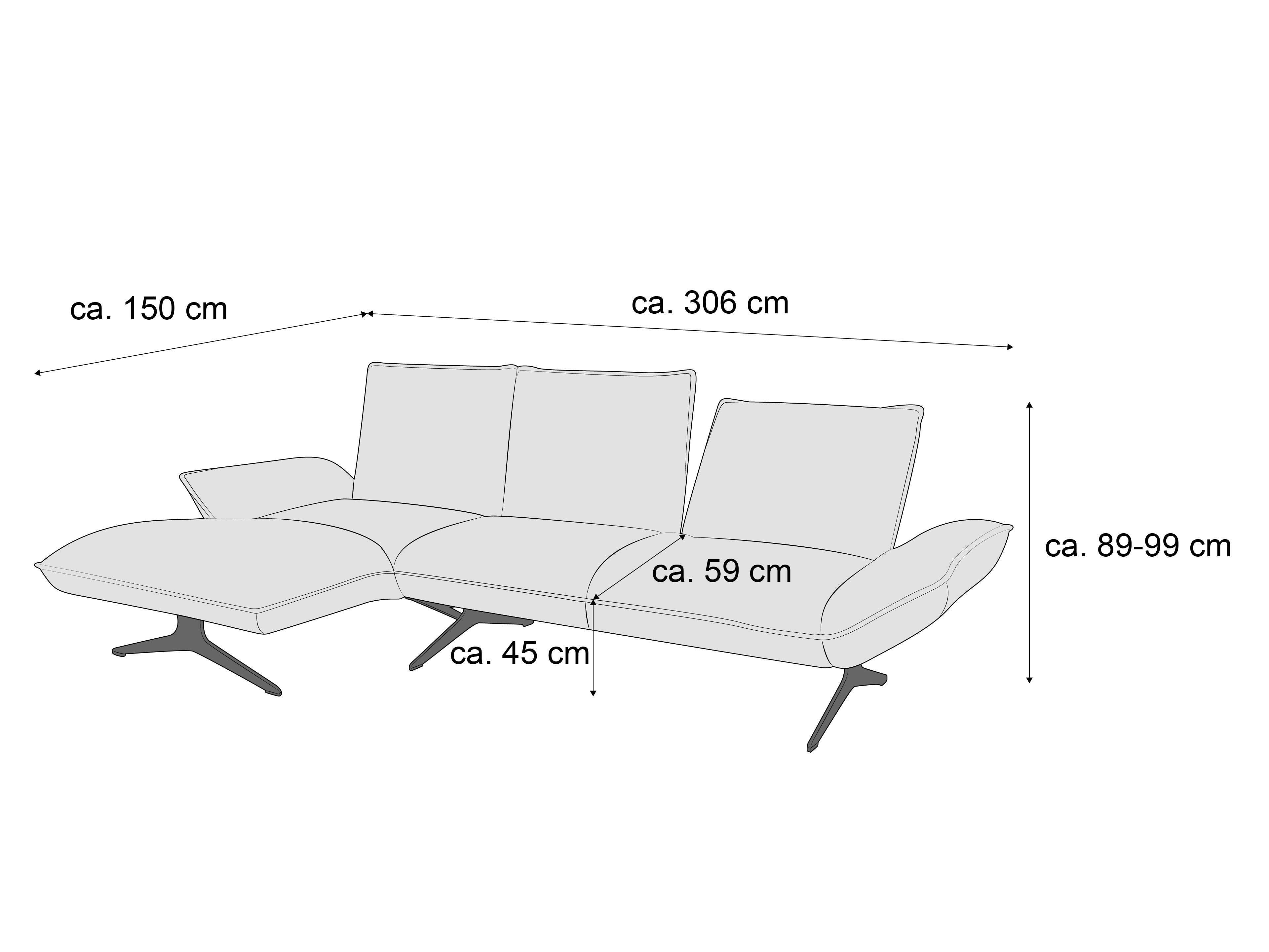 Ecksofa mit zwei Armlehnen, hohen Rückenlehnen, gepolstertem Sitz und vier Metallfüßen, L-Form