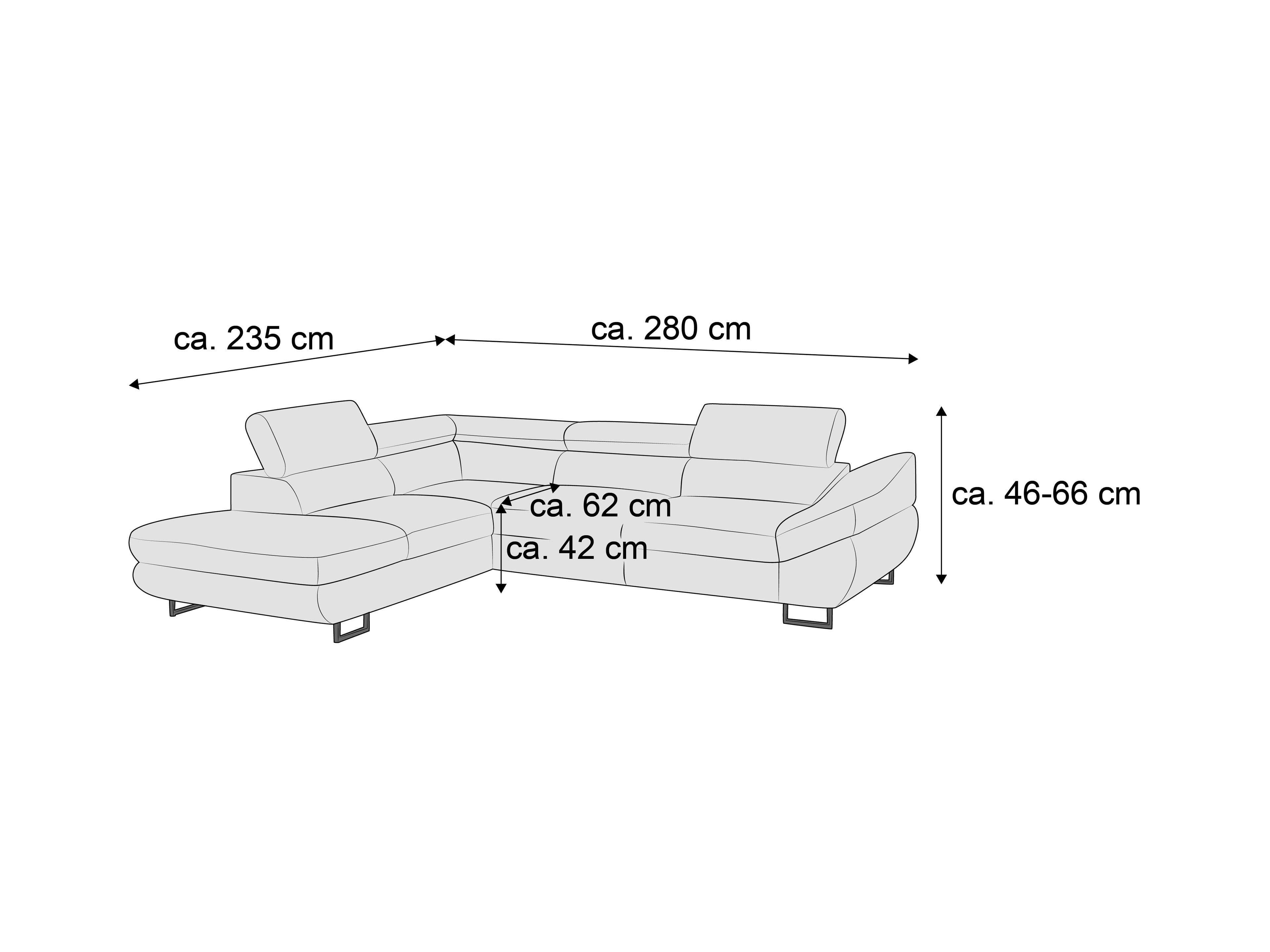 Ecksofa mit zwei Armlehnen, gepolsterten Rückenlehnen und verstellbaren Kopfstützen, L-förmig