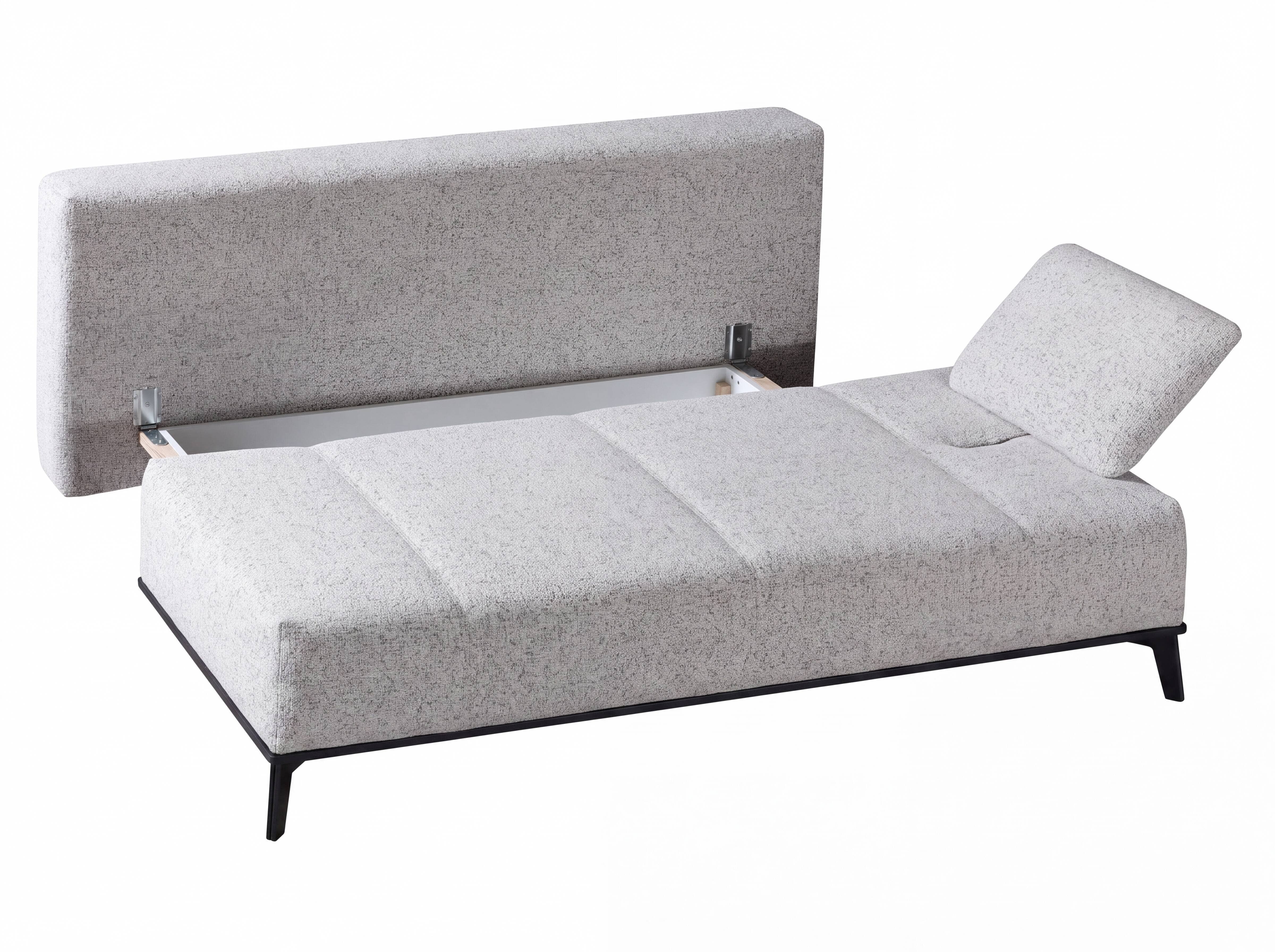 Schlafsofa mit hellgrauem Stoffbezug, aufgeklappter Stauraum und verstellbarem Kopfteil, schwarze Füße
