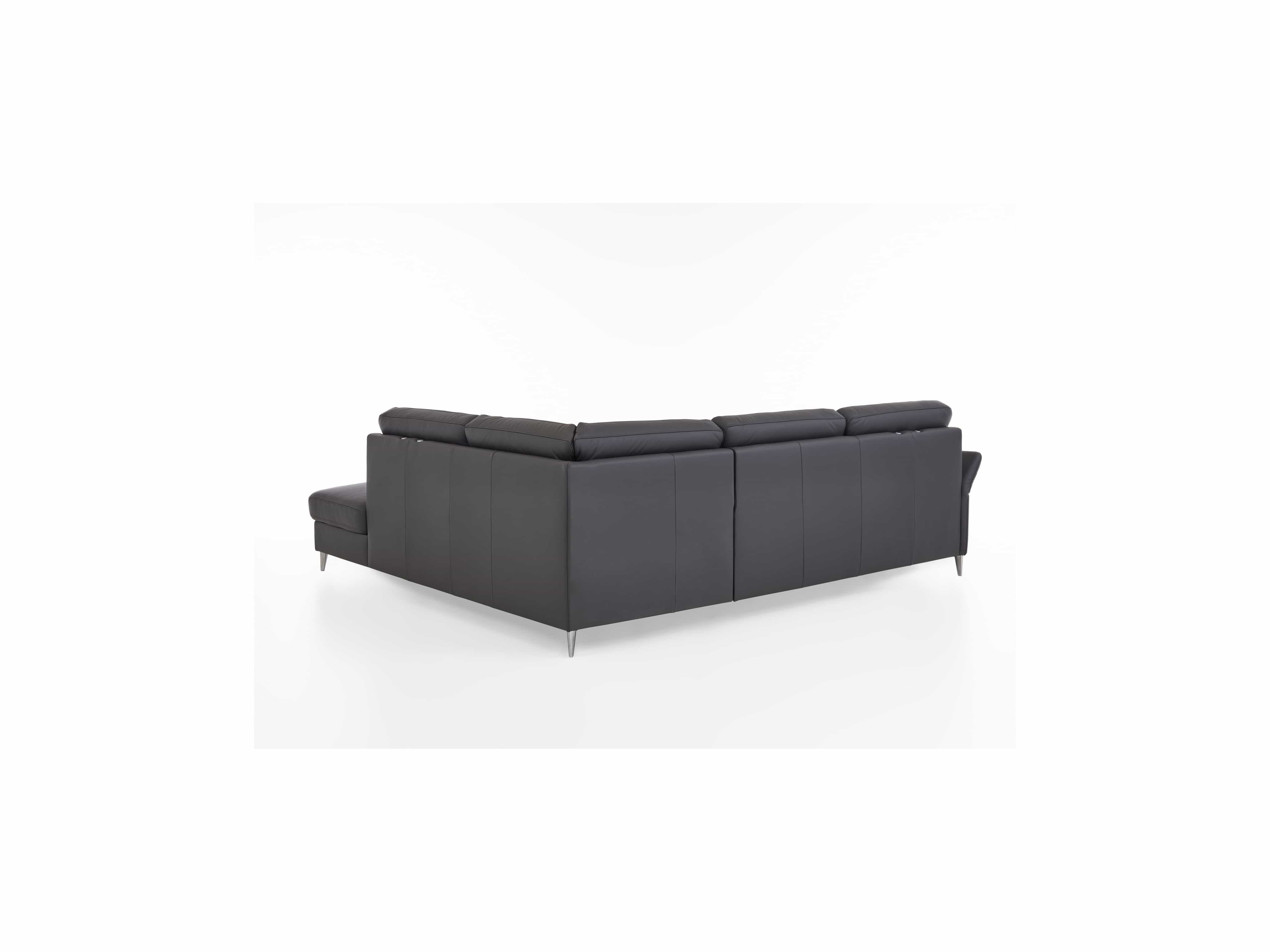 Ecksofa Kabs Polsterwelt aus schwarzem Leder mit verstellbaren Kopfstützen und schlanken Metallfüßen