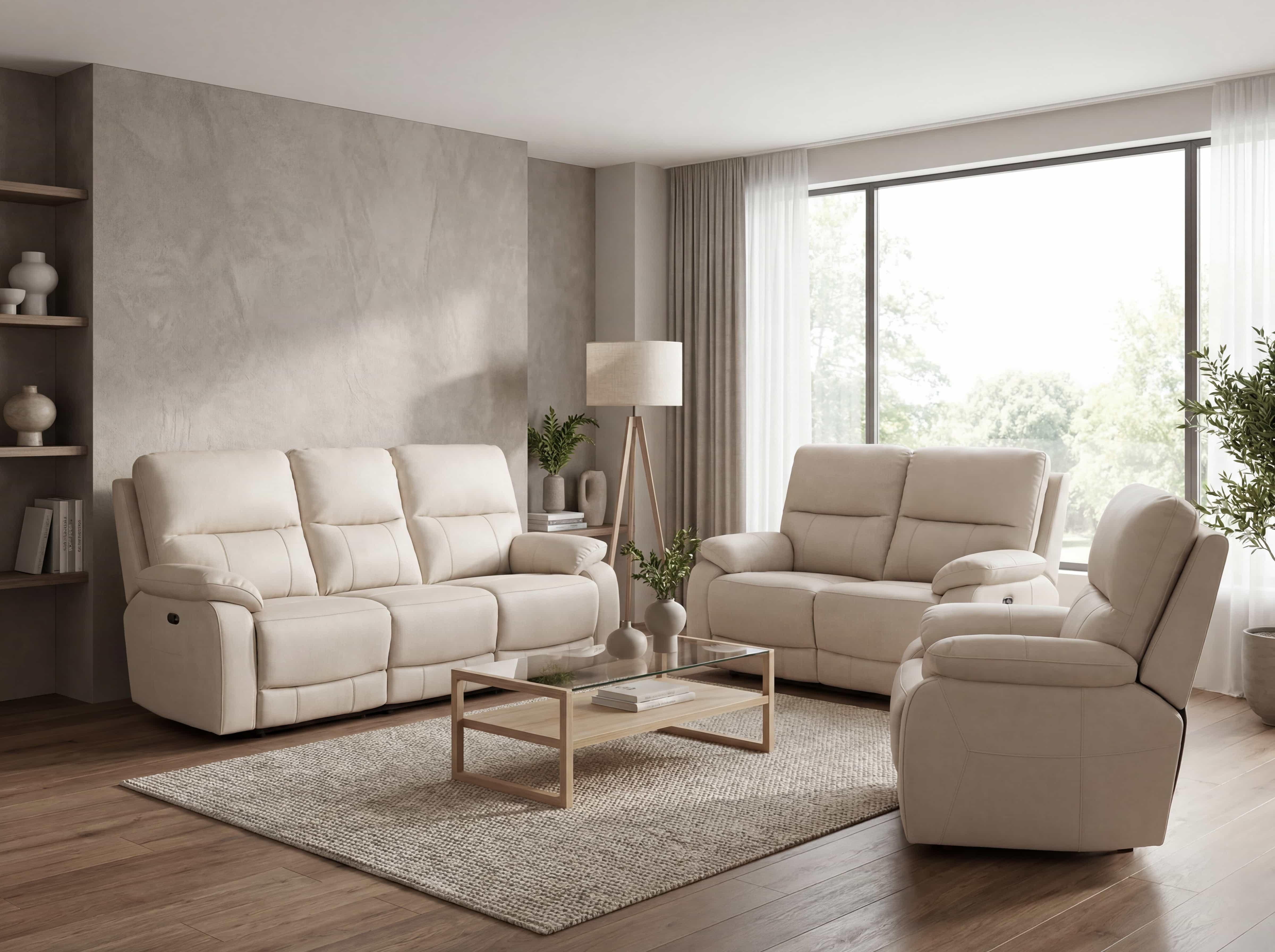 3-Sitzer Sofa mit beigefarbenem Lederbezug, gepolsterten Armlehnen und markanter Steppung