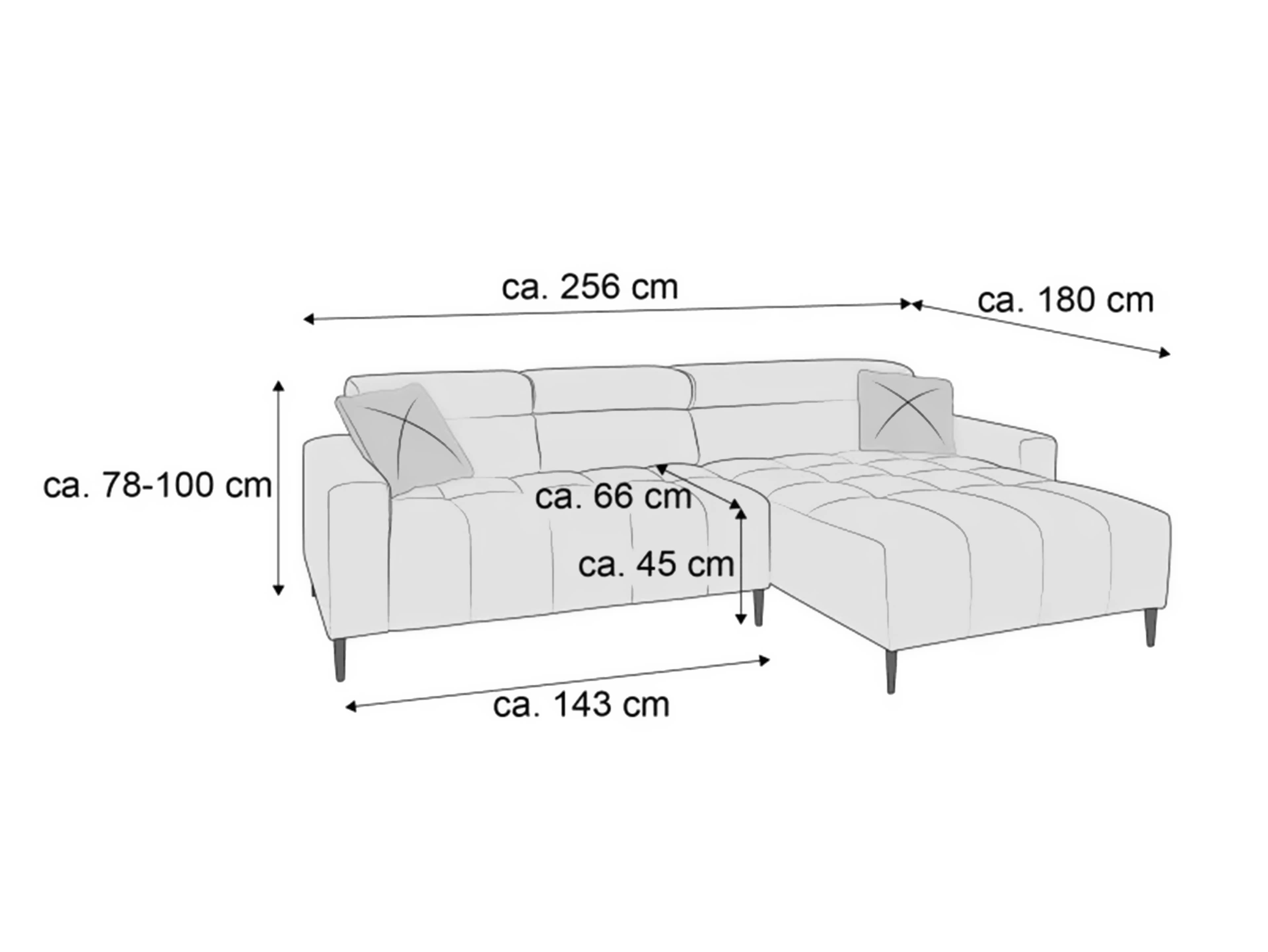 Ecksofa Kabs mit Stoffbezug, gepolsterten Sitzflächen, Armlehnen, Rückenlehne und Kissen