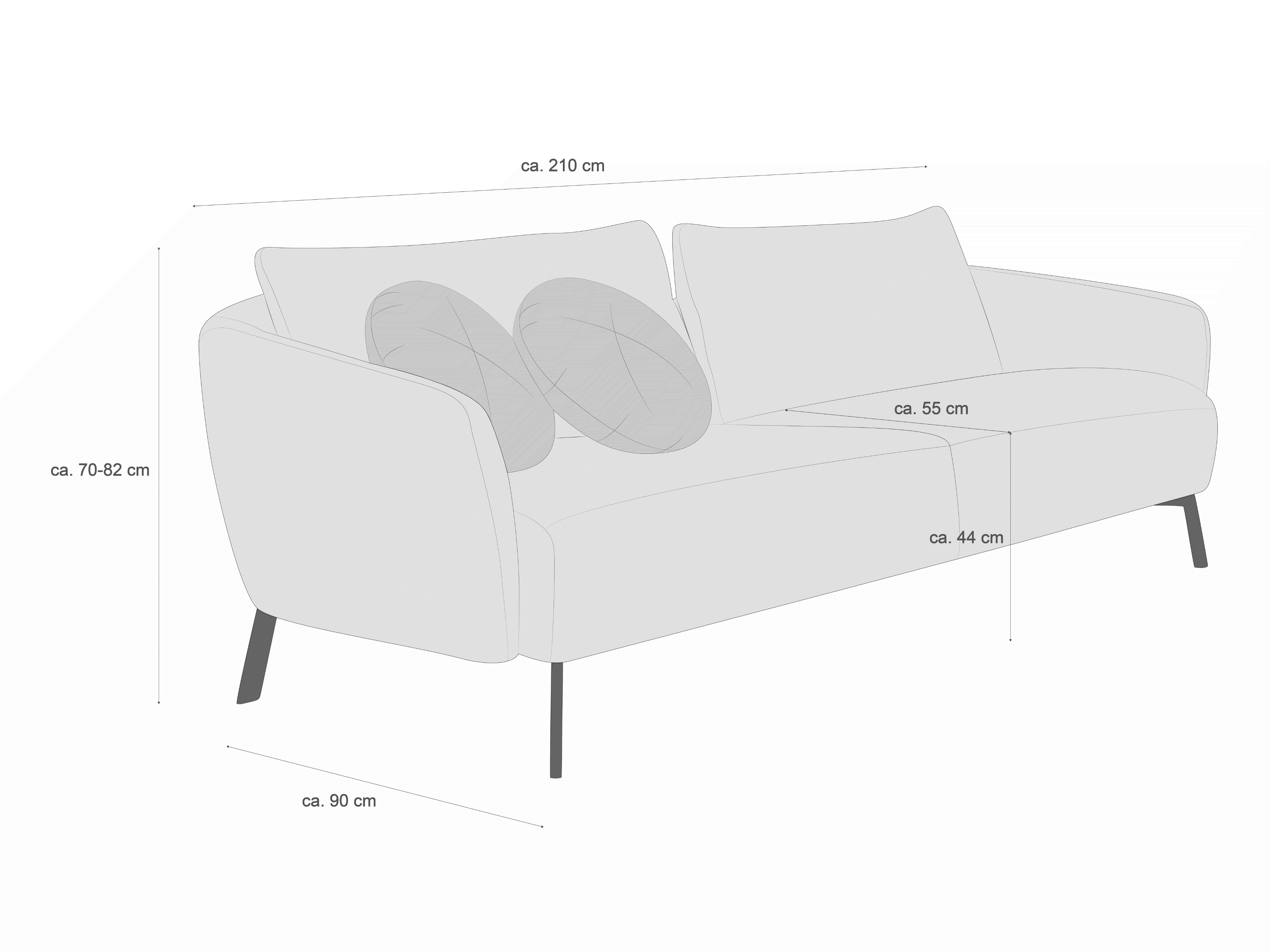 2-Sitzer Sofa mit Armlehnen, schmalen Sofafüßen und zwei Rückenkissen, hell bezogen