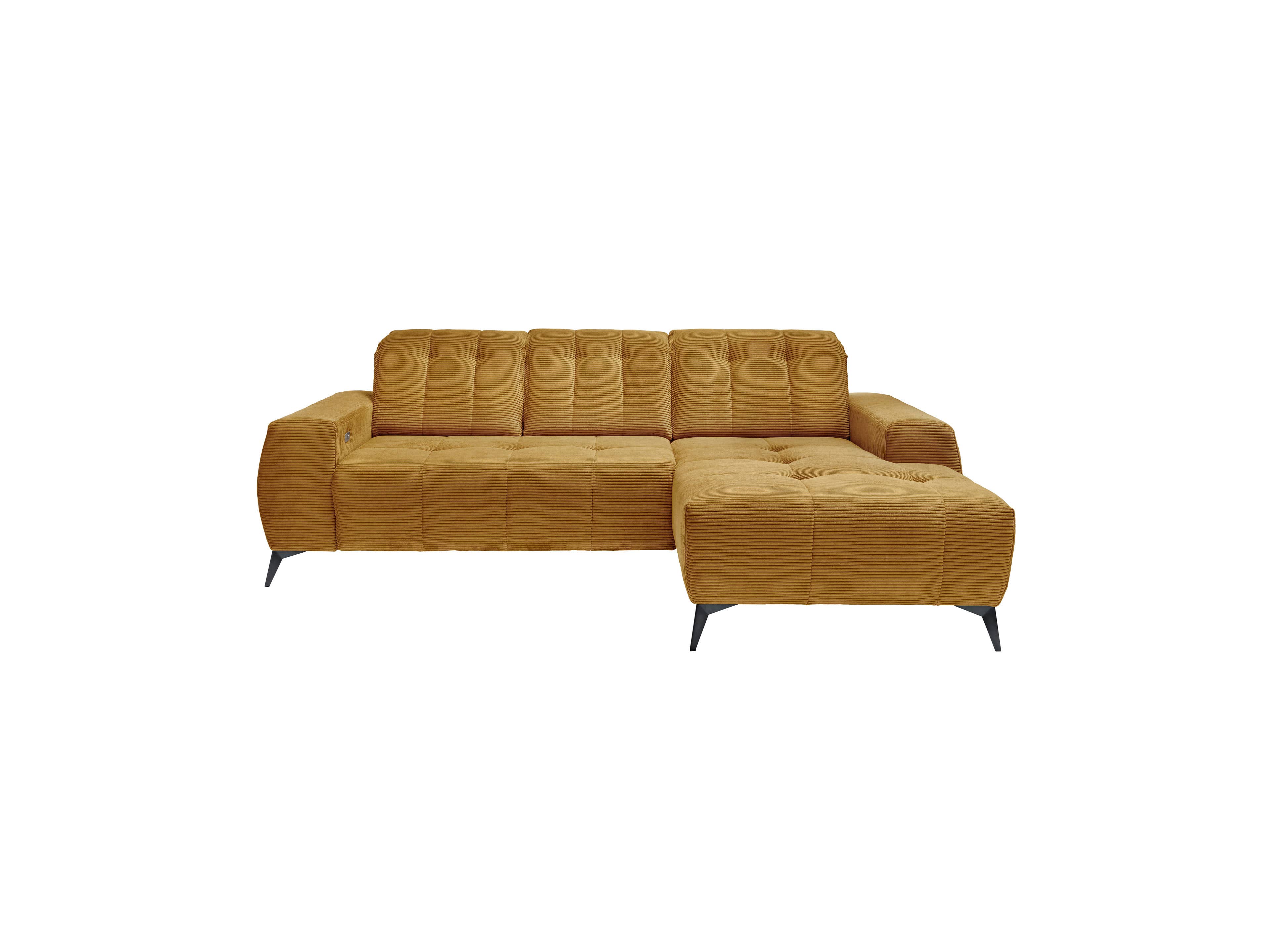Ecksofa Cord Maxim mit Armlehnen, gerader Rückenlehne und schwarzen Metallfüßen, senfgelb