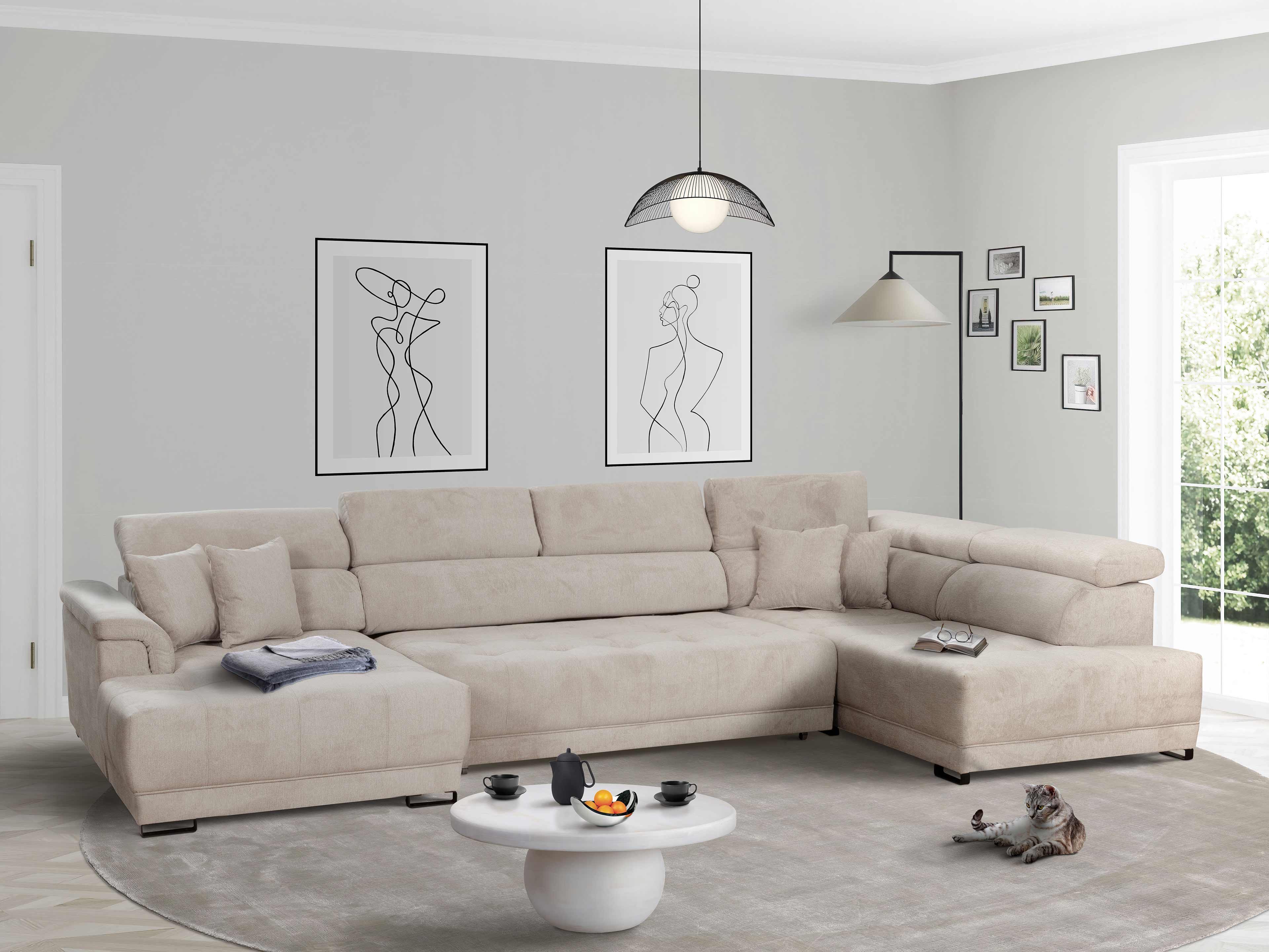 Ecksofa Vito mit beige-farbenem Stoffbezug, gepolsterte Rückenlehne, dicke Armlehnen, L-Form