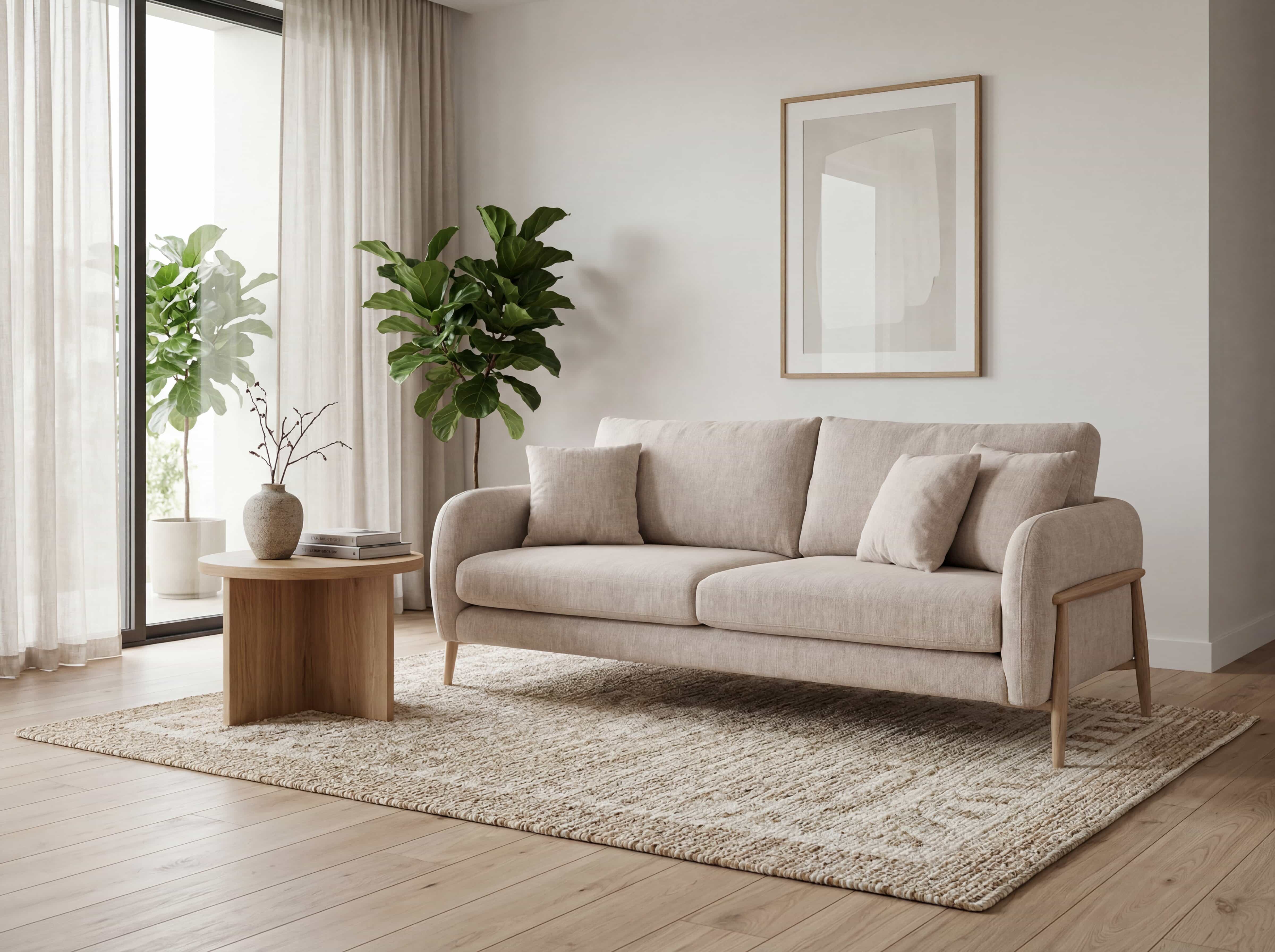 3-Sitzer Sofa mit beigem Stoffbezug, abgerundeten Armlehnen und sichtbaren Holzfüßen