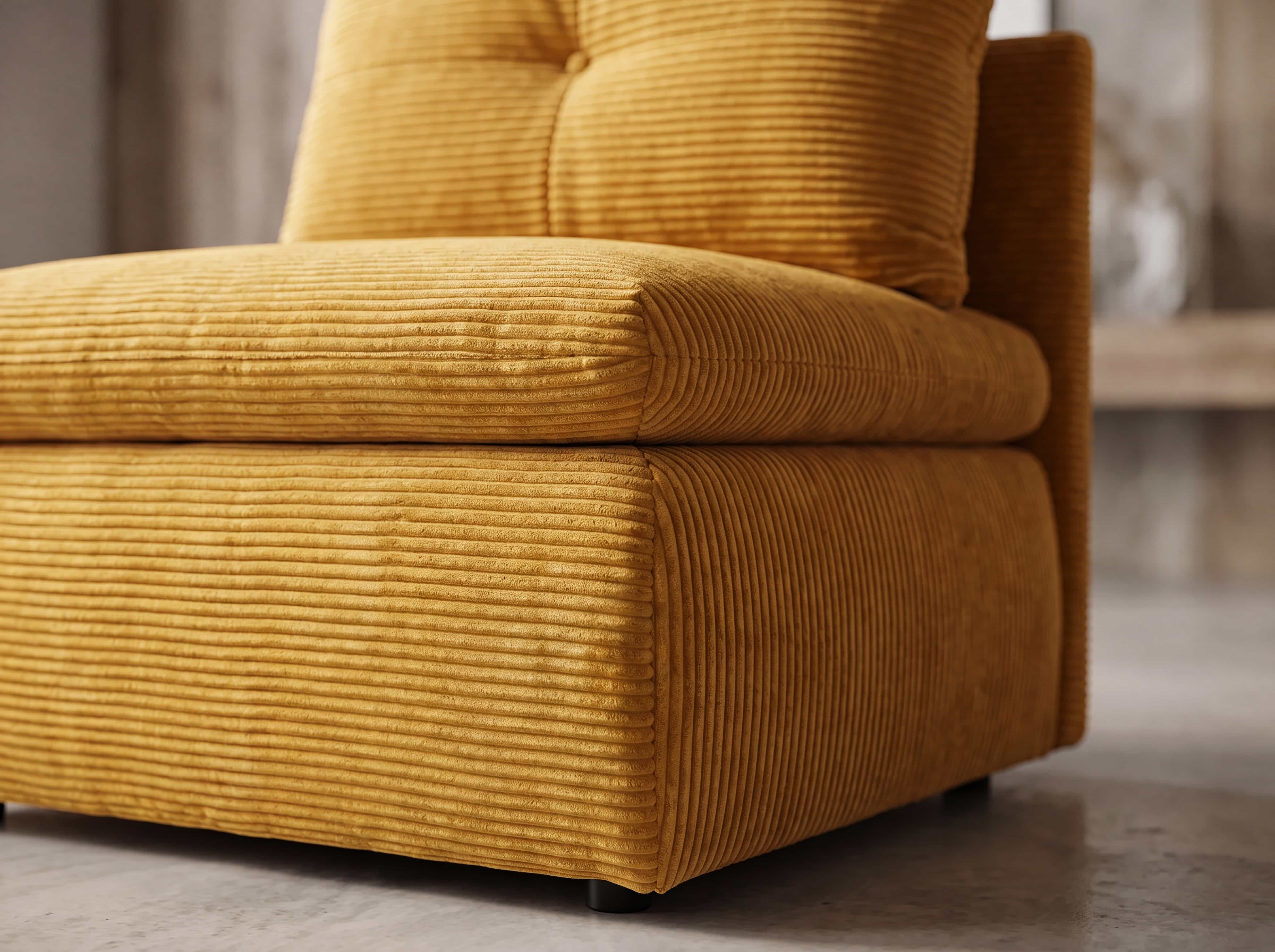 Ecksofa Modell in senfgelbem Cordstoff mit sichtbarer Steppung und niedrigen, schwarzen Füßen